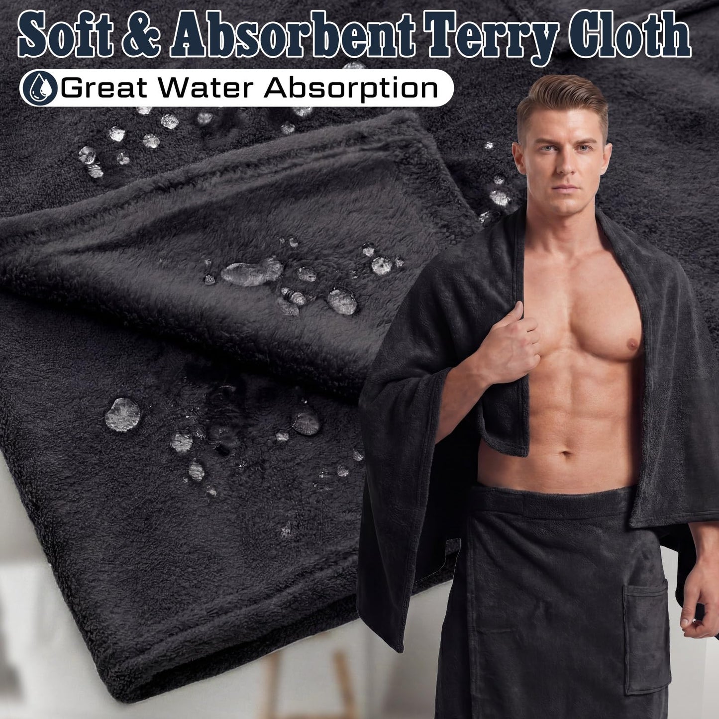 Tudomro 1 Pcs Men's Bath Wrap Towel X-Large Shower Adjustable Terry Body Spa Towel with Pocket After Shower Wrap for Men Gift Spa College Bath Dorm Room Gym (Black)
