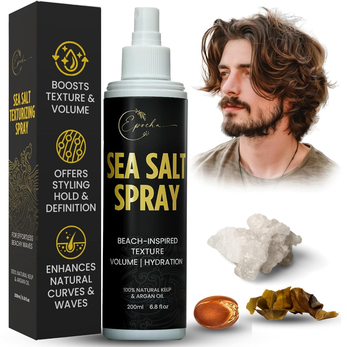 Epocha Sea Salt Hair Spray - 100% Natural Kelp & Argan Oil - Texturizing Beach Waves & Volume | 6.8oz