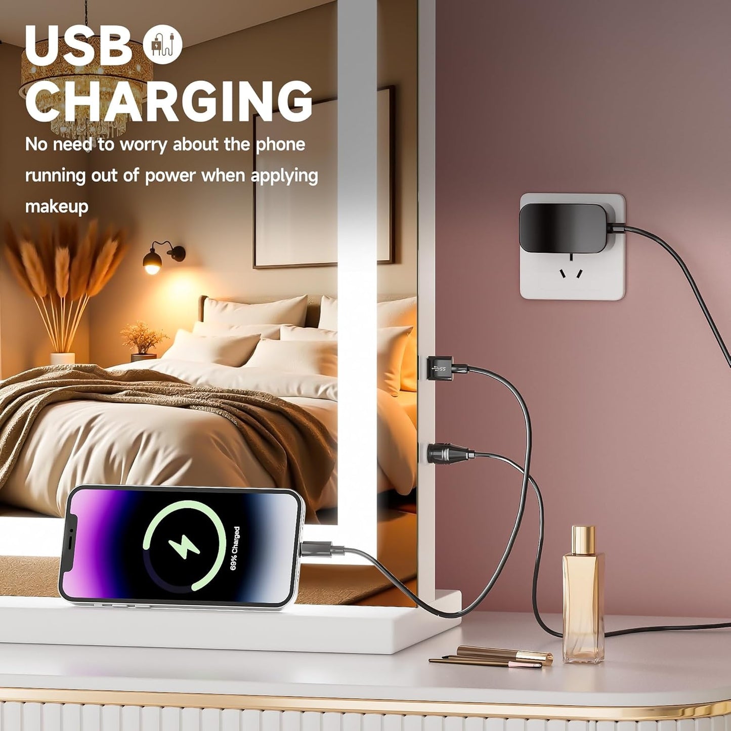LED Makeup Vanity Mirror with Lights - 32" x 22" | 10X Magnification, Dimmable, Smart Touch, USB Charging