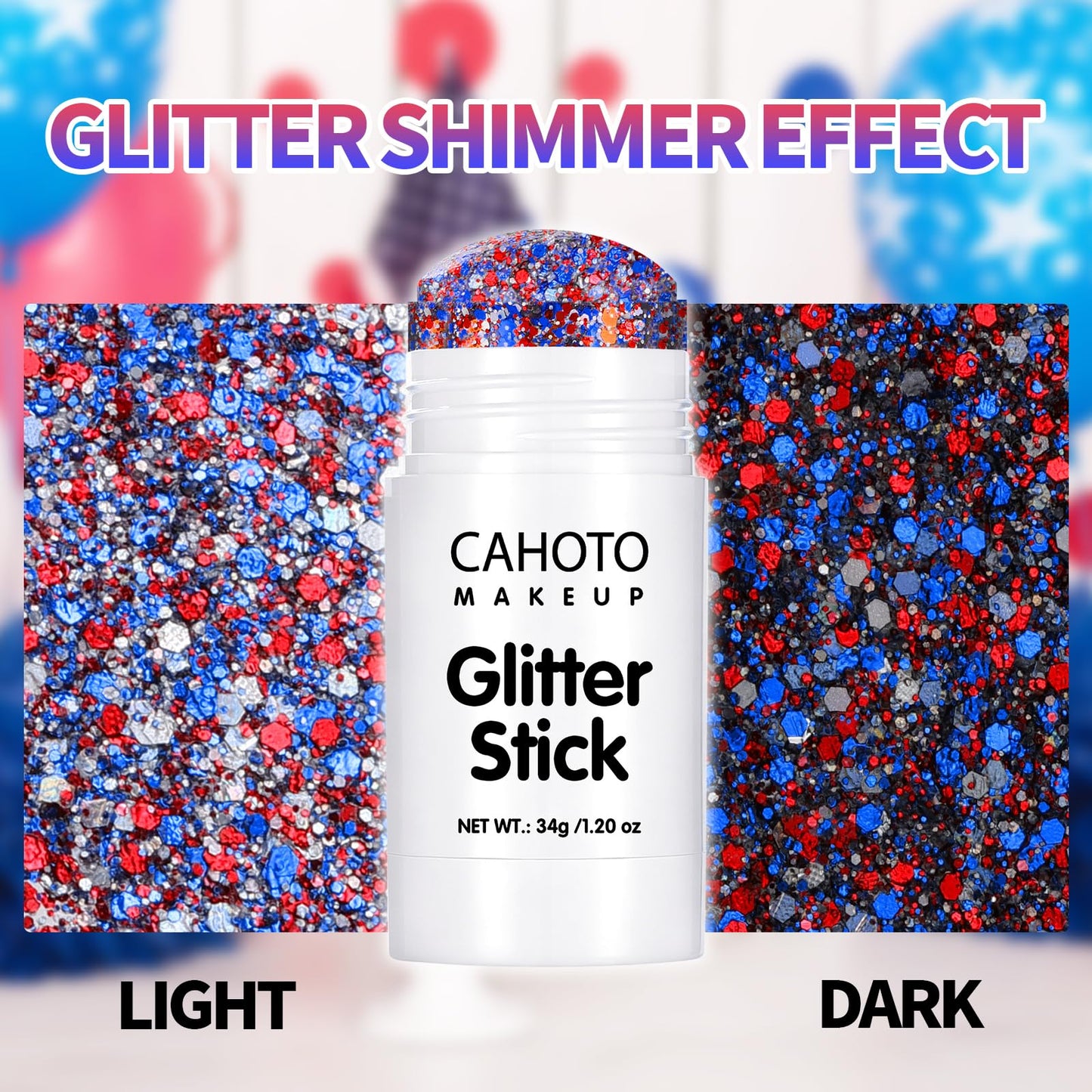 CAHOTO Hex Glitter Stick, Red White Blue Hexagon for Face Body Hair, Patriotic Pride USA Flag Sparkling Sequins for Independence Day 4th of July Memorial Day Semiquincentennial 250 Anniversary, 1.2oz