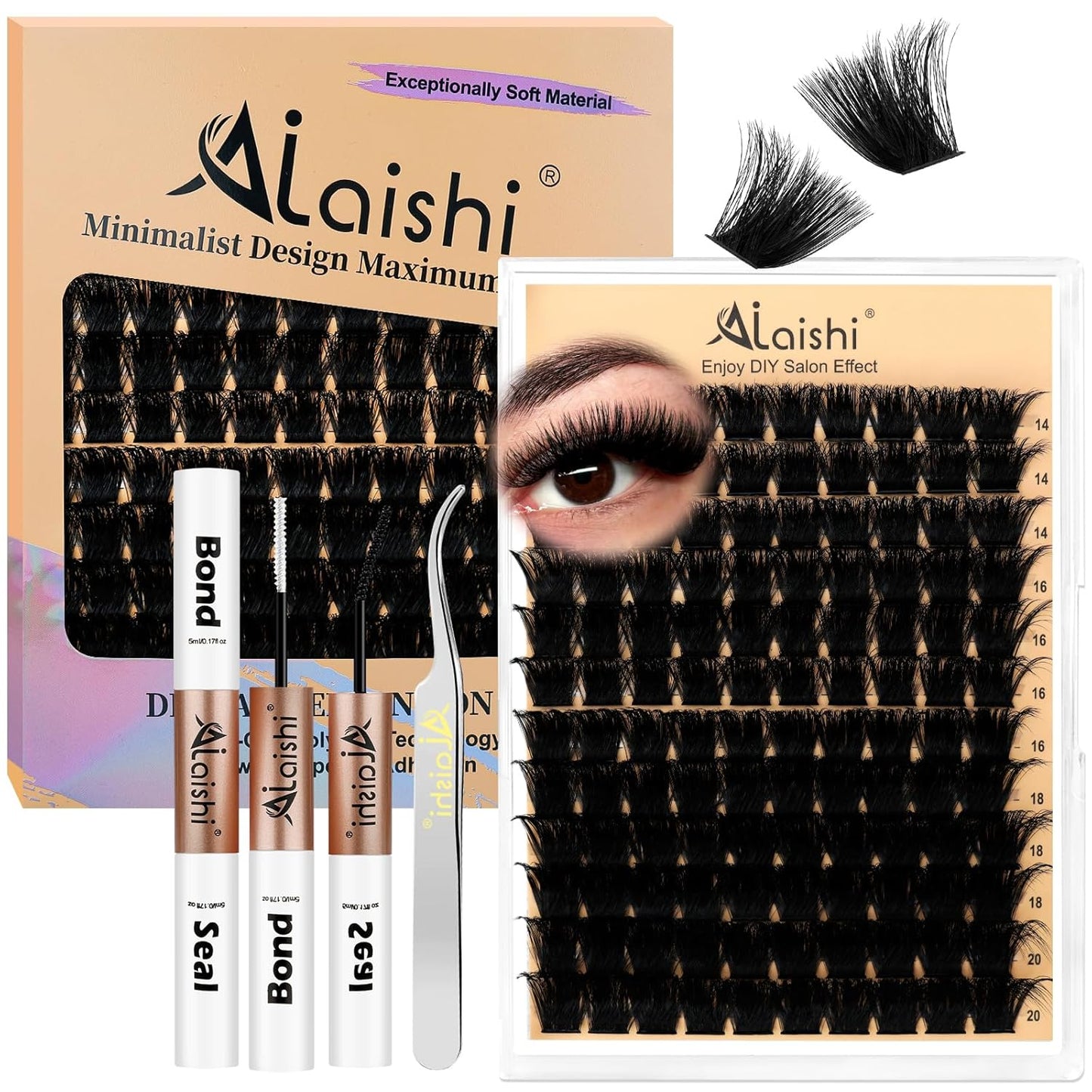 DIY Cluster Eyelash Extensions Kit - 224pcs Fluffy D Curl Lashes | 9-16mm, Bond & Seal, Tweezers Included