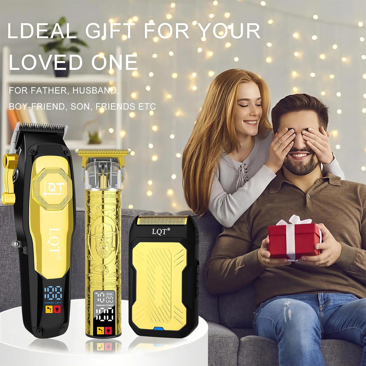 Cordless Hair Clippers for Men - Rechargeable Barber Clipper & Beard Trimmer Set | T-Blade, Adjustable Lever, LED Display, Gold