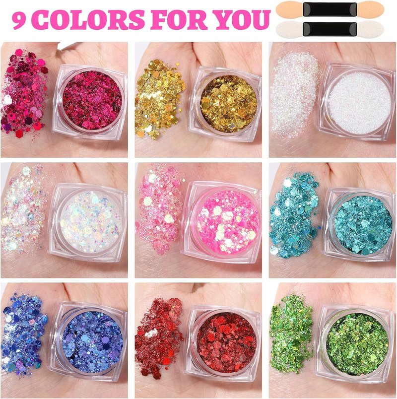Face Glitter Set - 9 Color Body Glitter Gel with 3 Gold Freckles | No Glue Needed Festival Makeup for Parties & Halloween