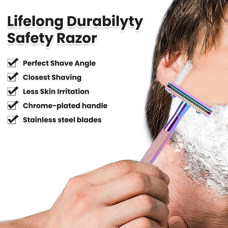 Keropy Safety Razor For Man With 10 Premium Stainless Steel Razor Blade Reusable Single Blade Razors For Men and Women, Double Edge Razor, Rainbow