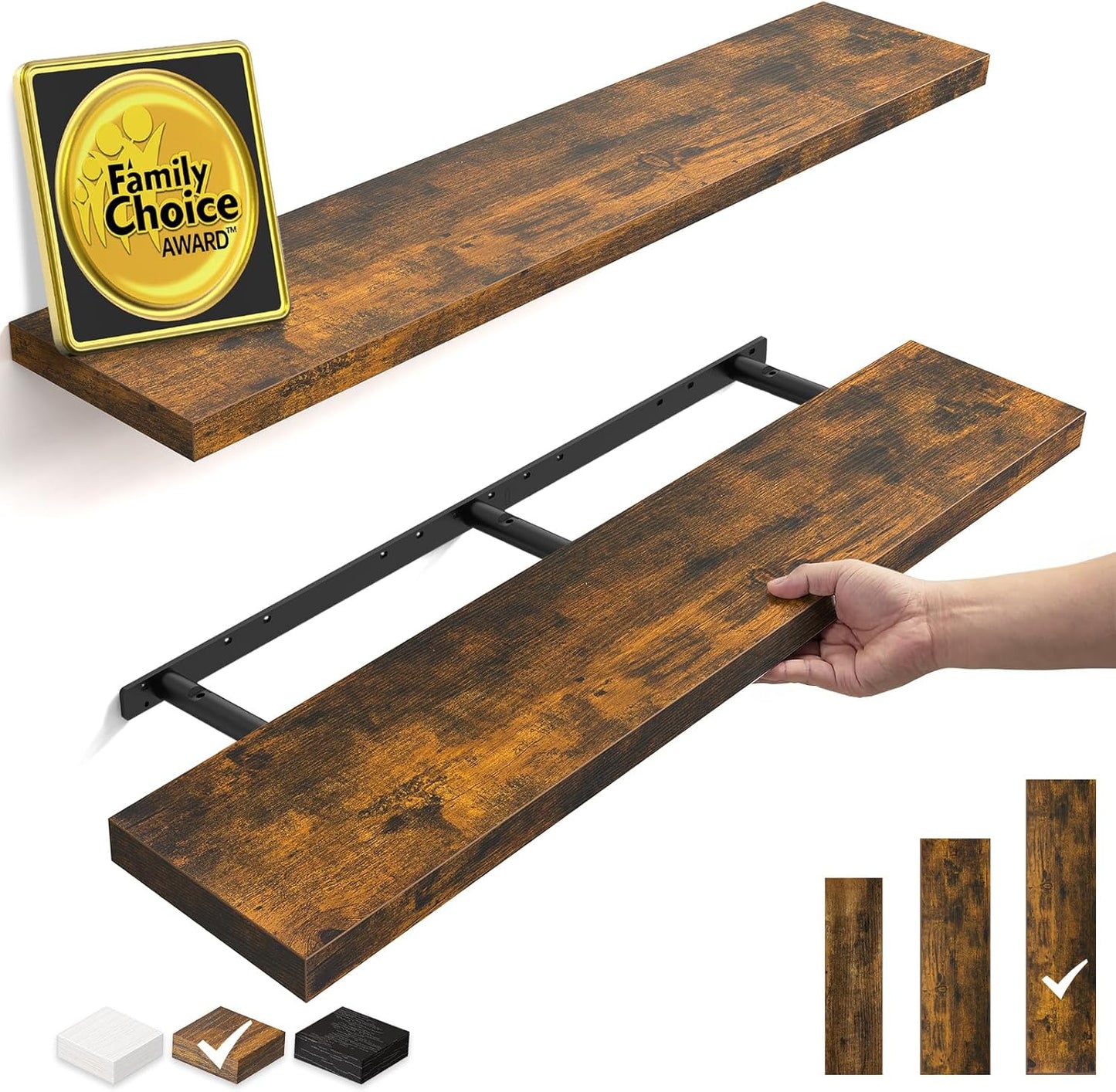 Floating Shelves Set of 2 - Rustic Wood Wall Mounted | 22.5 Inches for Bathroom, Bedroom, Living Room, Kitchen - 22lbs Capacity, Rustic Brown