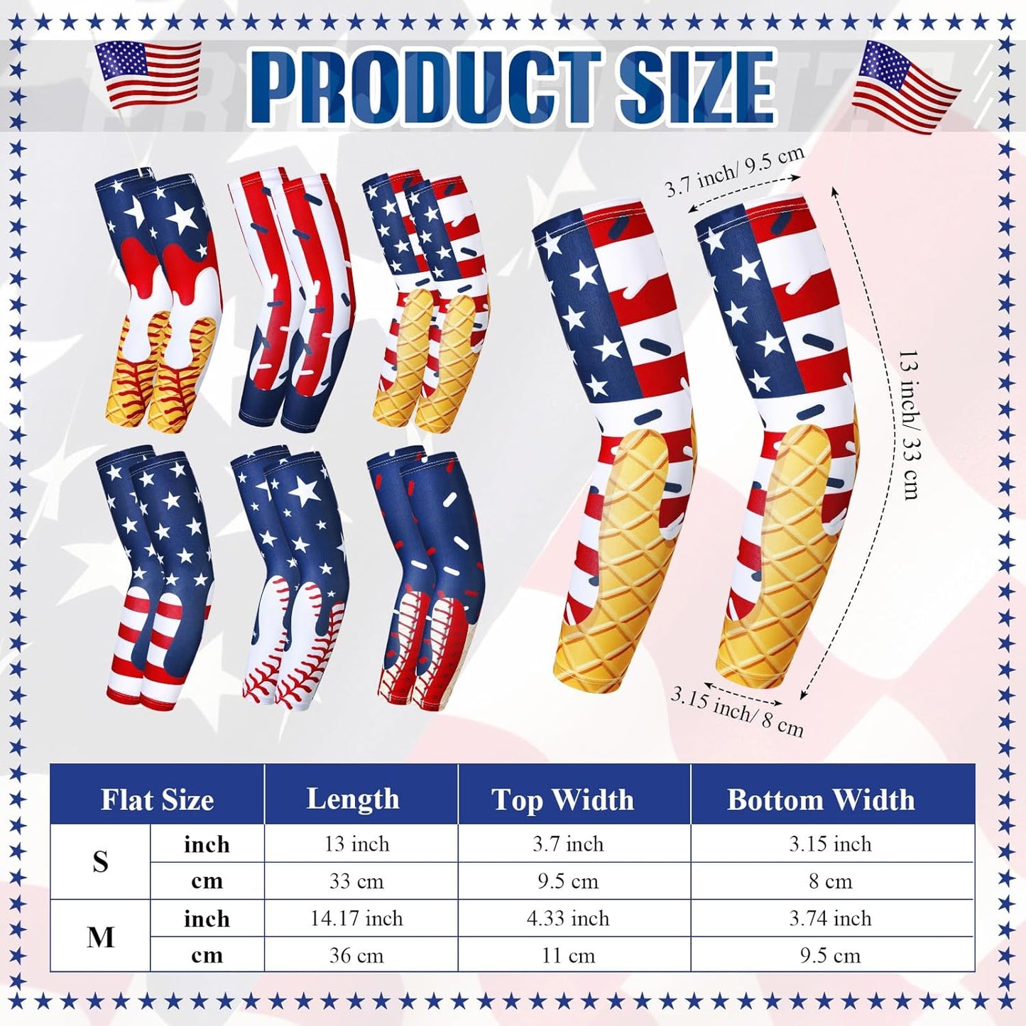 Ice Cream Drip Baseball Arm Sleeves - Youth Sun Protection | 6 Pairs, American Flag Design