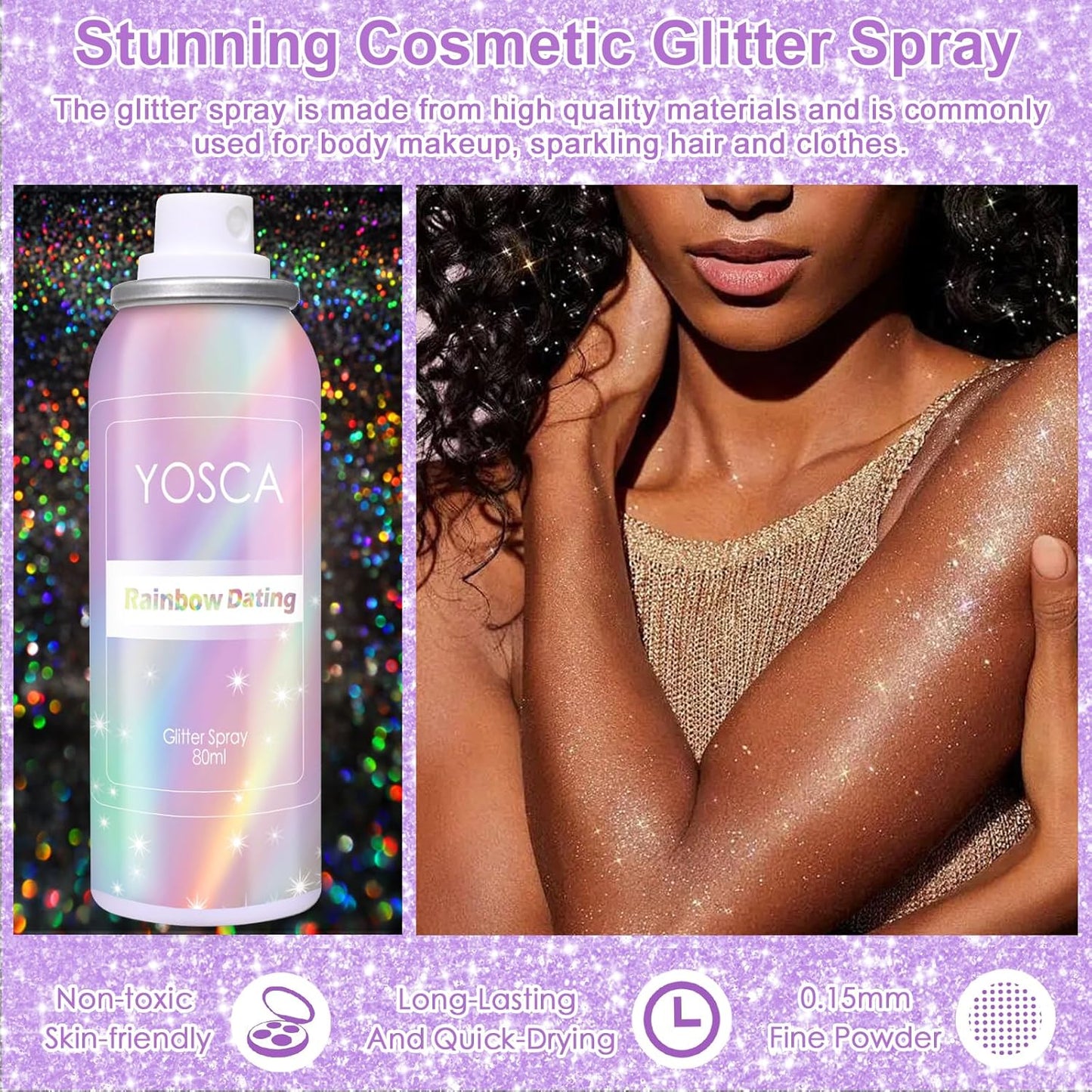 Holographic Silver Body Glitter Spray - 80ML Quick-Drying Shiny Hairspray for Festivals & Parties