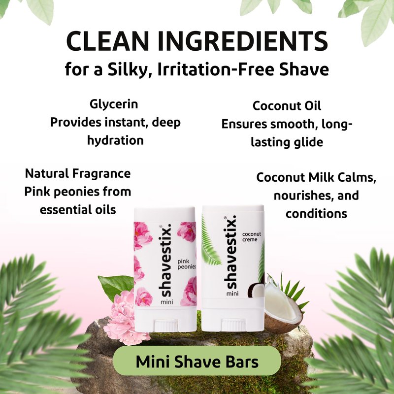 Shavestix Travel Shaving Cream Stick Set 0.5 Oz Each | Coconut Crème & Pink Peonies Mini Shave Bars | TSA Friendly Toiletries for Women & Men | Alt Shaving Gel, Soap