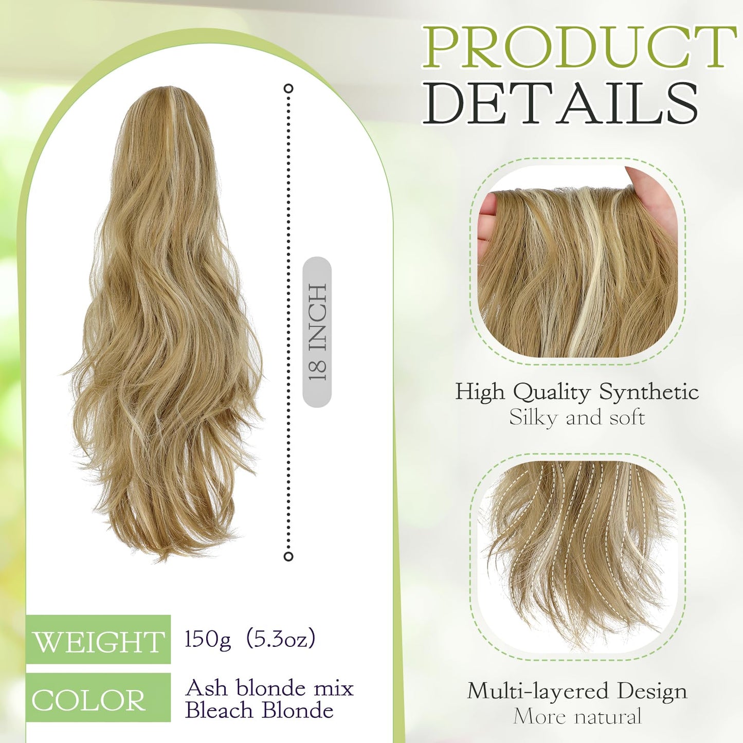 Cephermer Ponytail Extension Claw 18" Natural-Looking Synthetic Wavy Long Pony Tails Hair Extensions Ash blonde mix Bleach Blonde Clip-In Hairpiece for Women