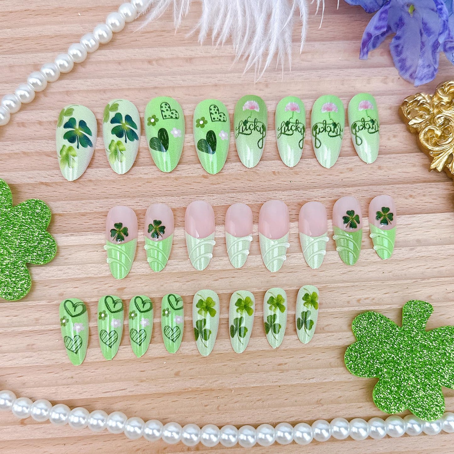 24Pcs St Patricks Day Press on Nails Medium Almond French Tip Fake Nails with 3D Designs Flower Shamrocks Acrylic Nails St Patrick's Day False Nail Irish Clover Full Cover Stick on Nails for Women