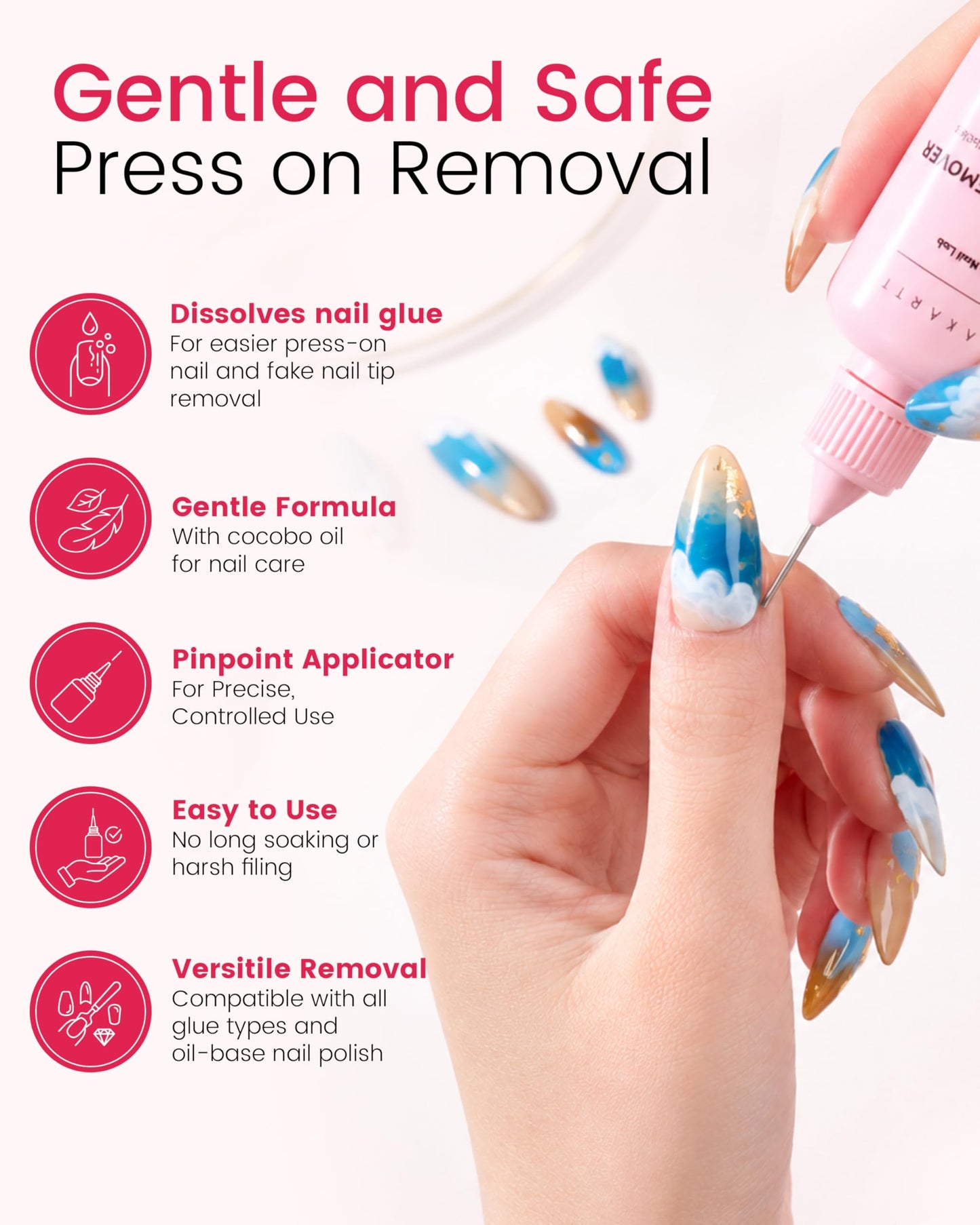 Makartt Jojoba Oil Nail Glue Remover for Press On Nails, Acetone-Free, Gentle At-Home Remover for Regular Glue, Semi and Solid Glue Gel, 30ML Kit with Pusher, Stick and Mini Buffer,Hema-Free