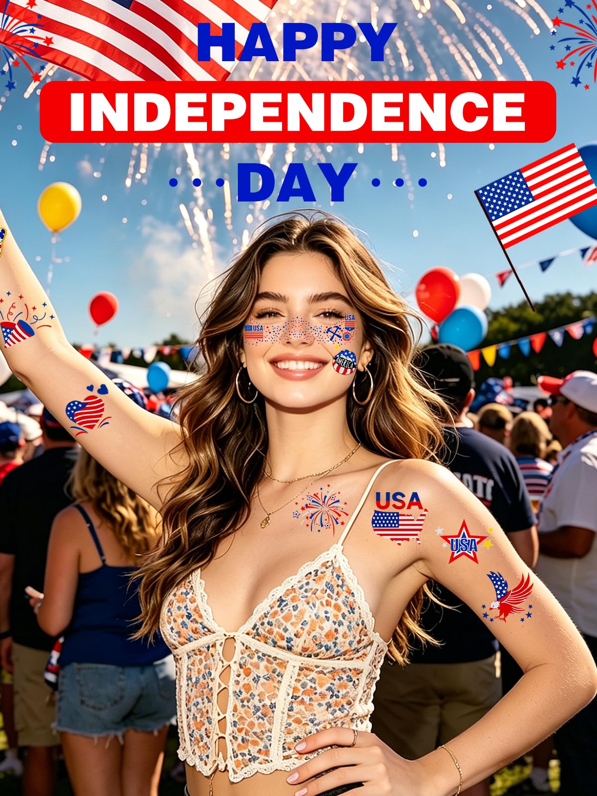 Itscolofy 4th of July Glitter Freckle Tattoos, Patriotic Temporary Tattoos Stickers, 4th of July Accessories for Women, Red White and Blue USA Flag Star Freckles for Independence Day 250th Party 36PCS