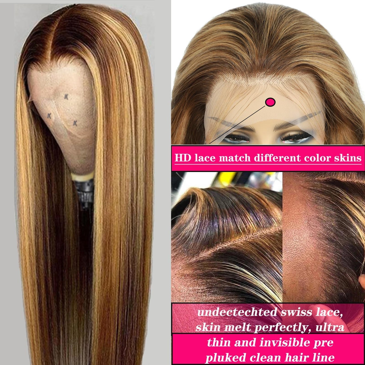 13x6 Ombre Lace Front Wig Human Hair 30IN 180Density Highlight Straight Wig