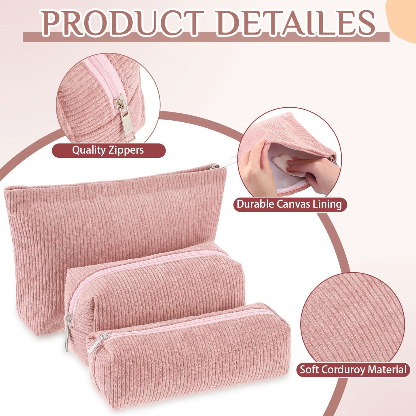 Huhumy 3 Pcs Makeup Bag Set for Women Corduroy Cosmetic Pouch Aesthetic Smile Travel Toiletry Bag Cute Purse Pouch Pencil Case Makeup Brushes Storage Organizer with Zipper(Pink,Solid Style)