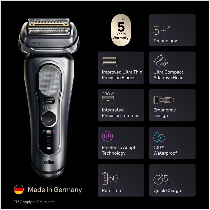 Braun Series 9 PRO+ Electric Shaver, Wet & Dry Razor, Pro SensoAdapt, 6in1 SmartCare Center, 9697CC, Silver