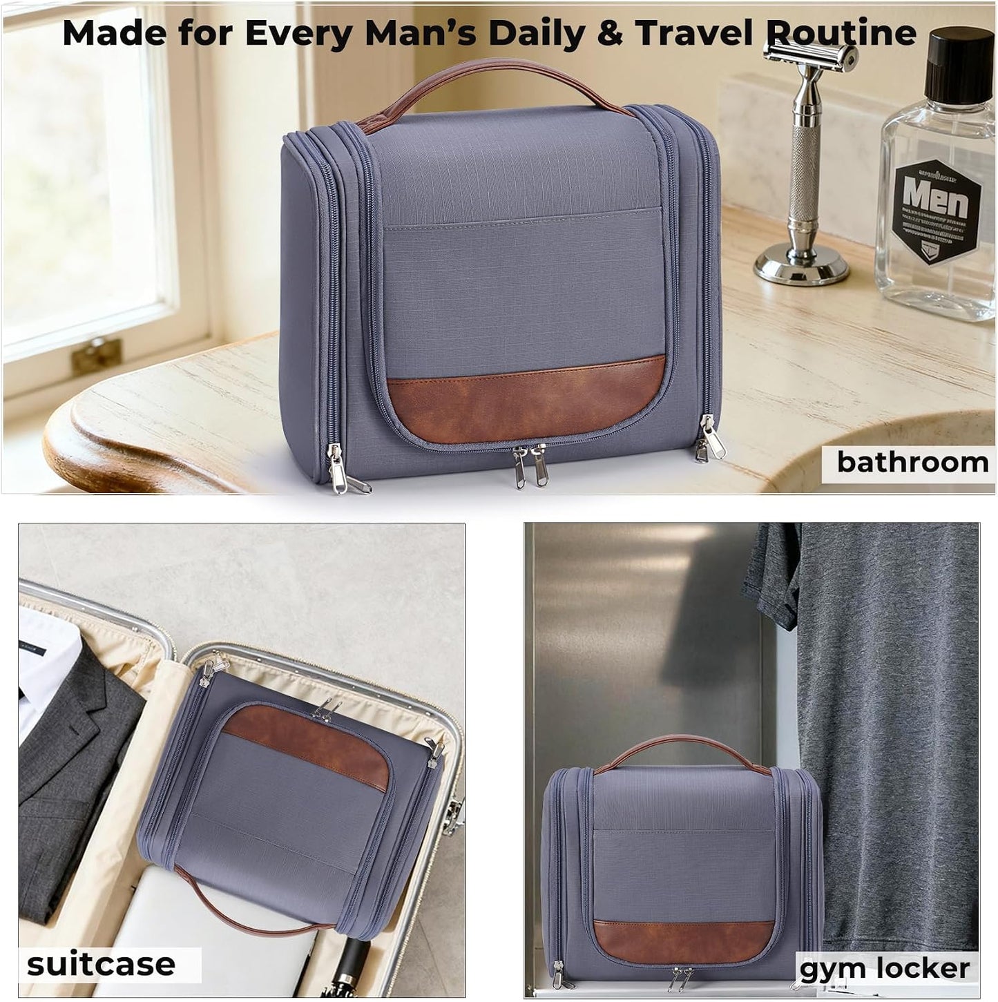 Large Hanging Toiletry Bag for Men - Travel Organizer with Hook | Gray Hygiene & Grooming Essentials