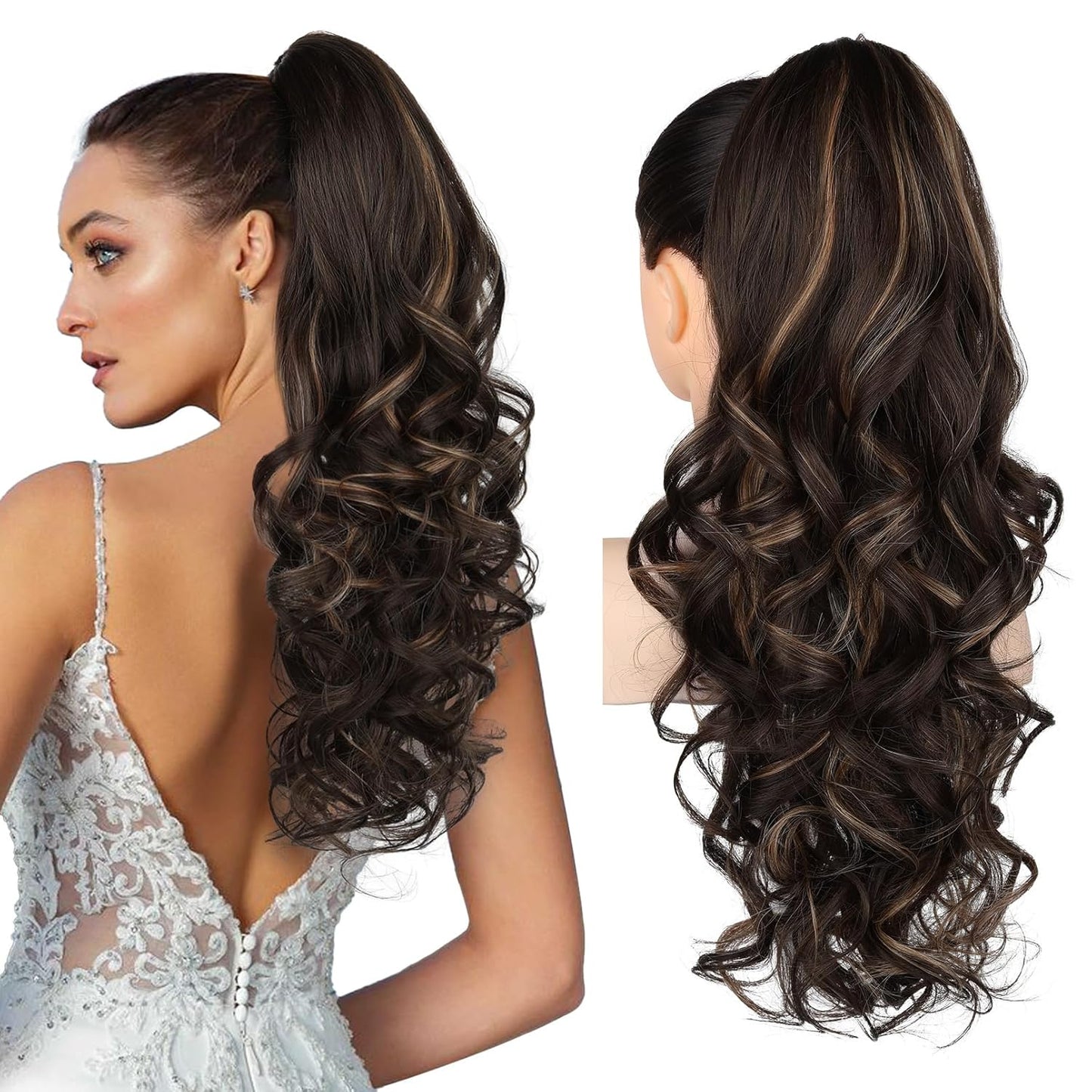 Ponytail Extension - 24" Claw Clip In Long Curly Wavy Hairpiece | Medium Blonde with Highlights