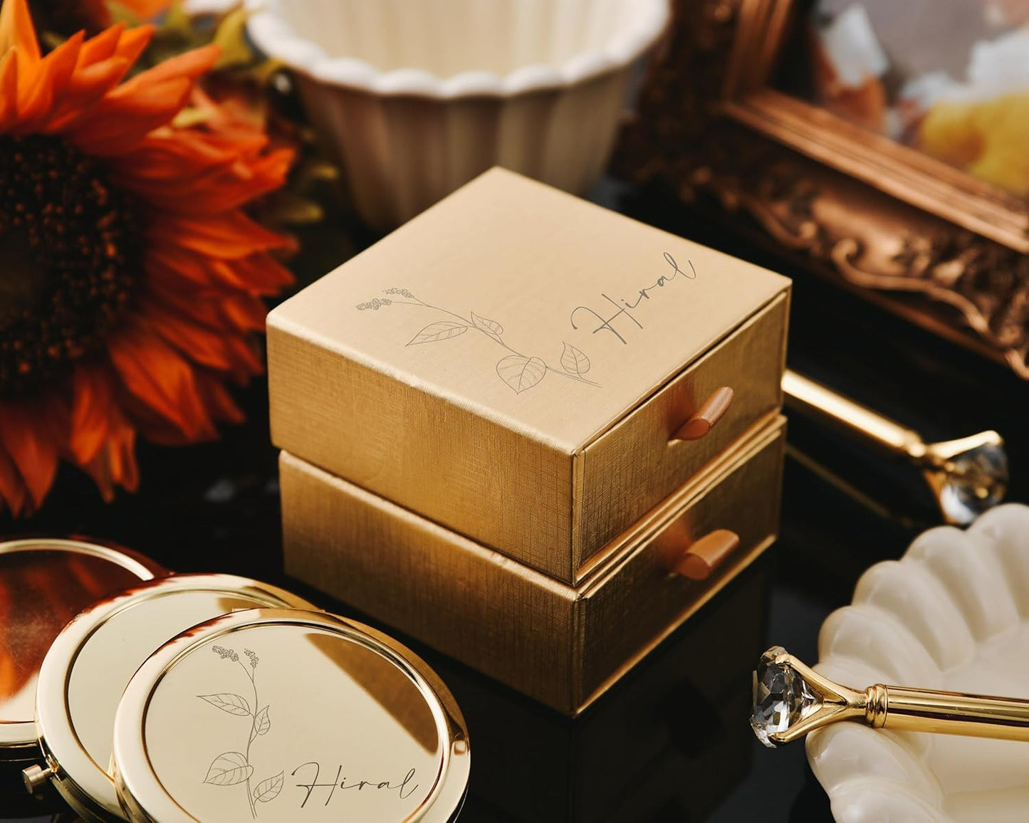 Custom Engraved Floral Compact Mirror - Personalized Bridesmaid Gift | Monogrammed Pocket Mirror for Weddings