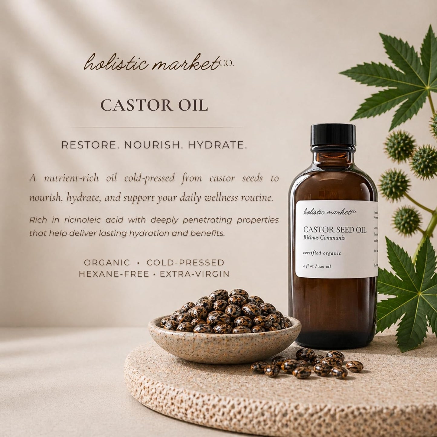 Organic Castor Oil - 100% Pure Cold Pressed & Hexane Free | Ideal for Castor Oil Packs