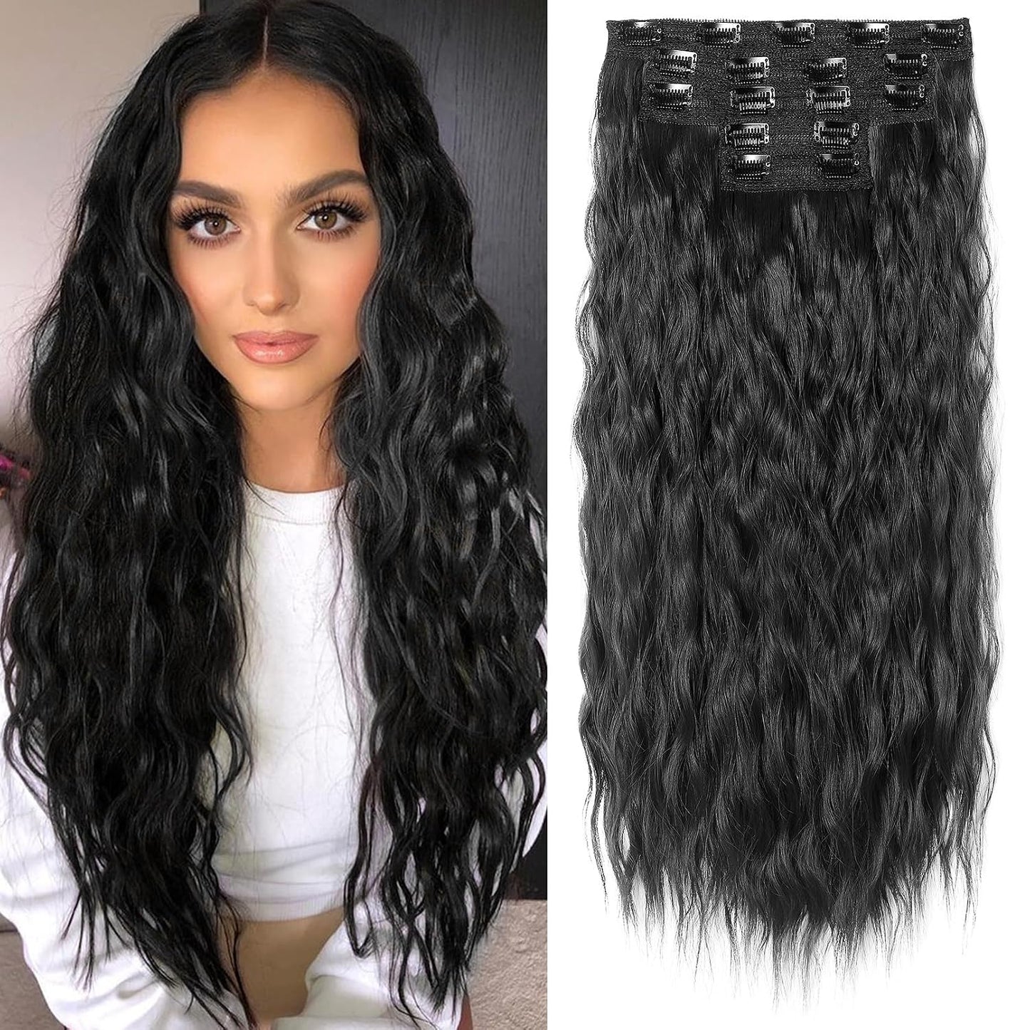 Clip In Hair Extensions - 5PCS Ash Blonde Highlights | 24" Thick Loose Waves, Soft & Natural Hairpieces for Women