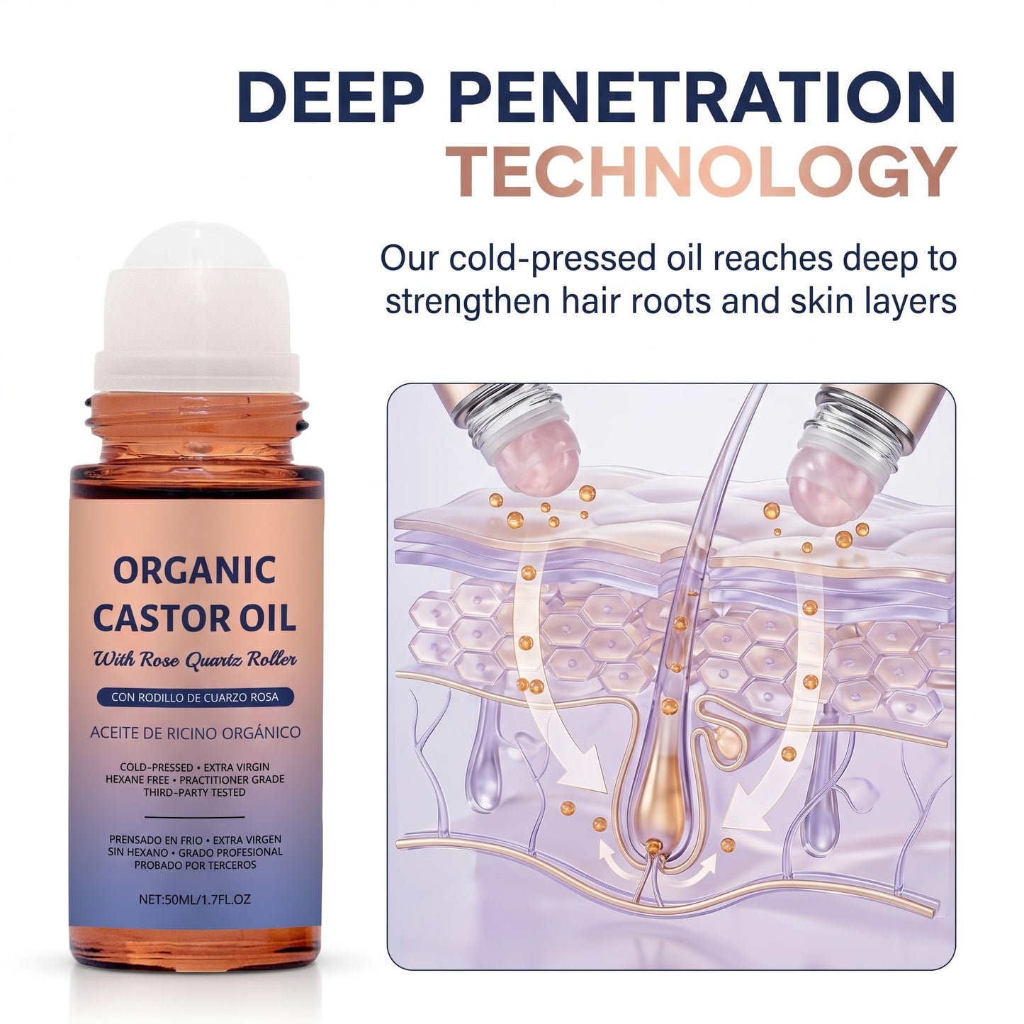 BXHSYD Organic Castor Oil Rose Quartz Roller Ball, 100% Pure Cold-Pressed, Hexane-Free, Organic Castor Oil Rose Quartz Roller Ball, Thicker Lashes, Brows & Skin, 1.7oz