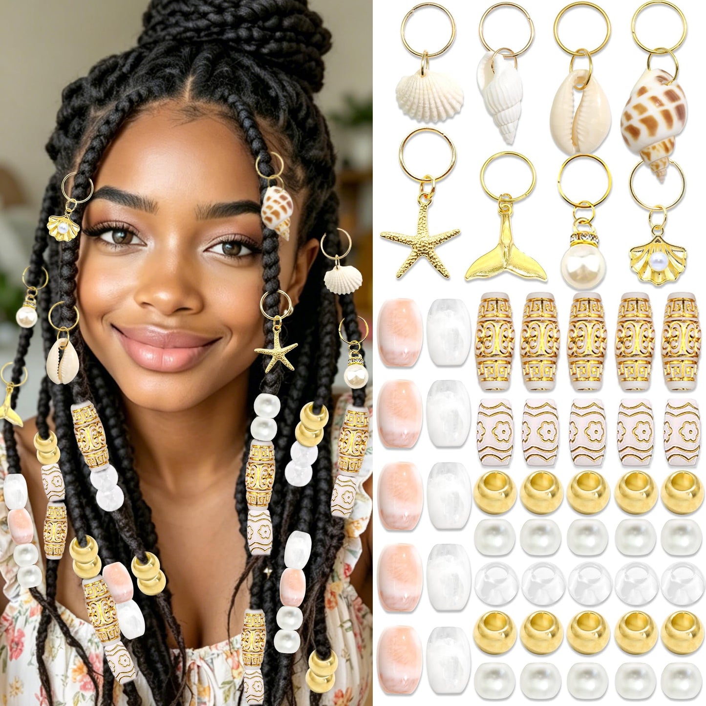 NAISKA 58PCS Gold Pink Hair Beads for Braids 15 Styles Women Hair Jewelry