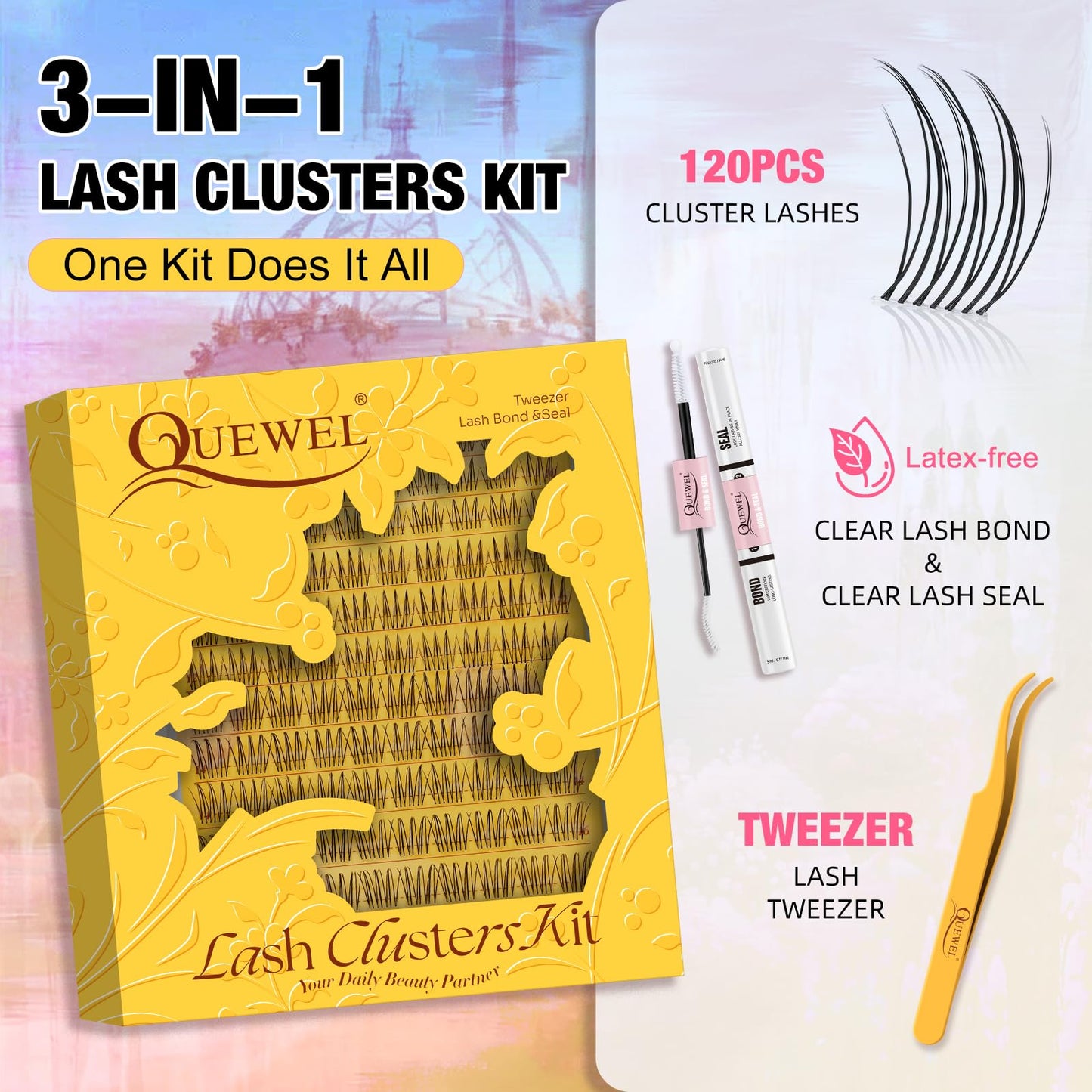 QUEWEL Natural Lash Clusters Kit Soft 120Pcs Aurora Lash clusters Invisible Band Lightweight C Curl 8-16MM Eyelash Extension Kit with Eyelash Clusters Bond and Seal Tweezers for Daily Wear (Aurora)