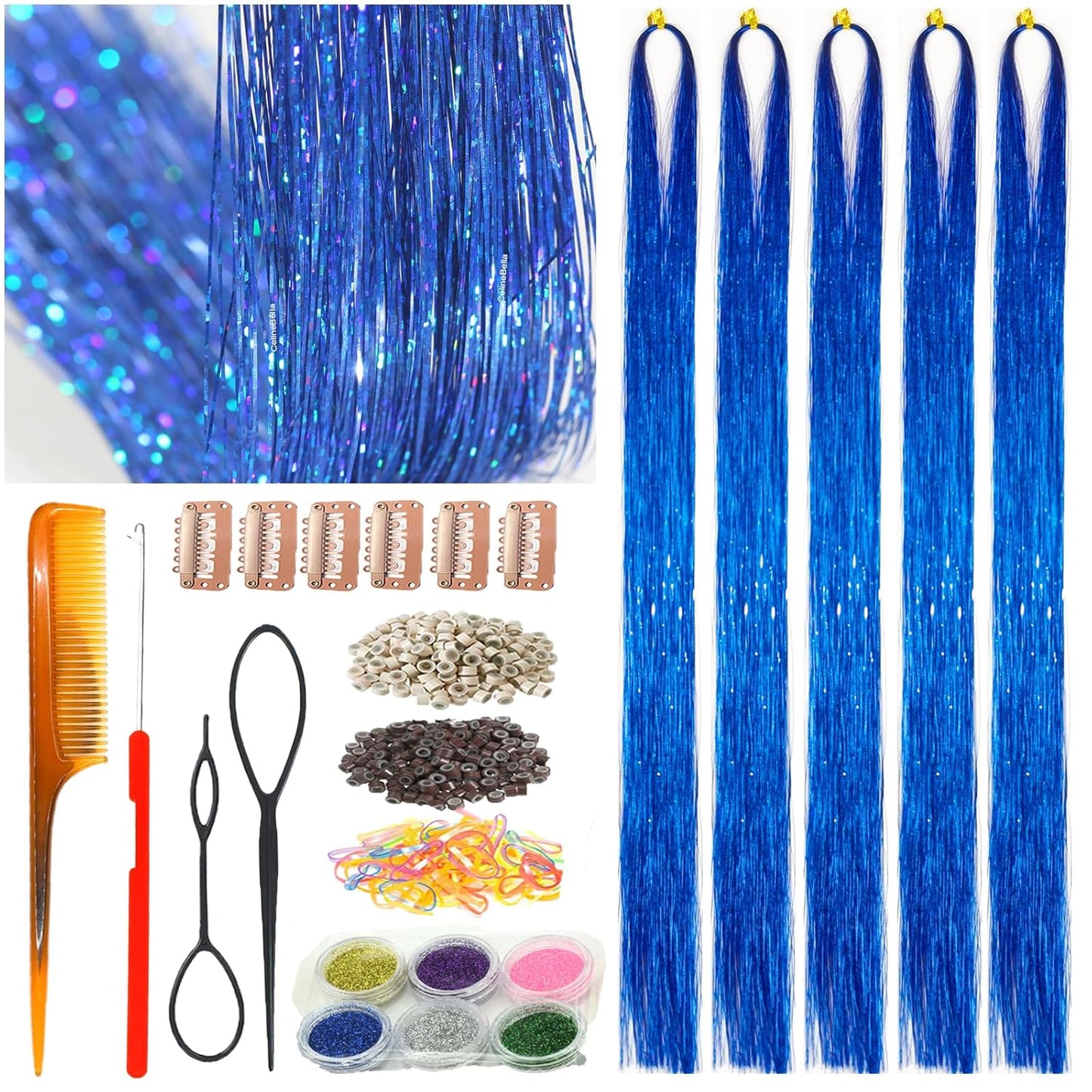 CelineBella Hair Tinsel - Emerald Green 48-Inch Glitter Strands | Sparkling Highlights for Parties & Cosplay