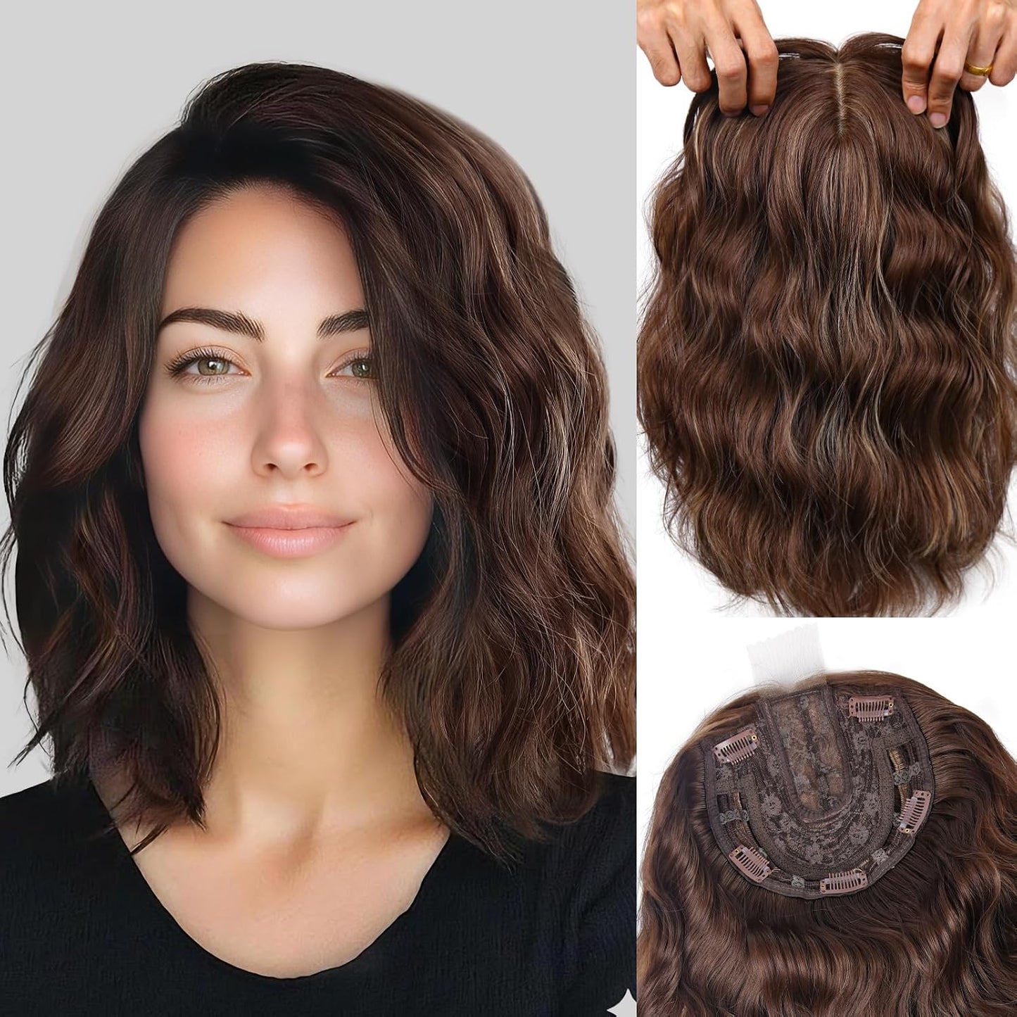 Hair Topper for Women - 11 Inch Short Wavy Synthetic Hairpiece | Heat Resistant, 6.5"x6.5" Base for Thinning Hair