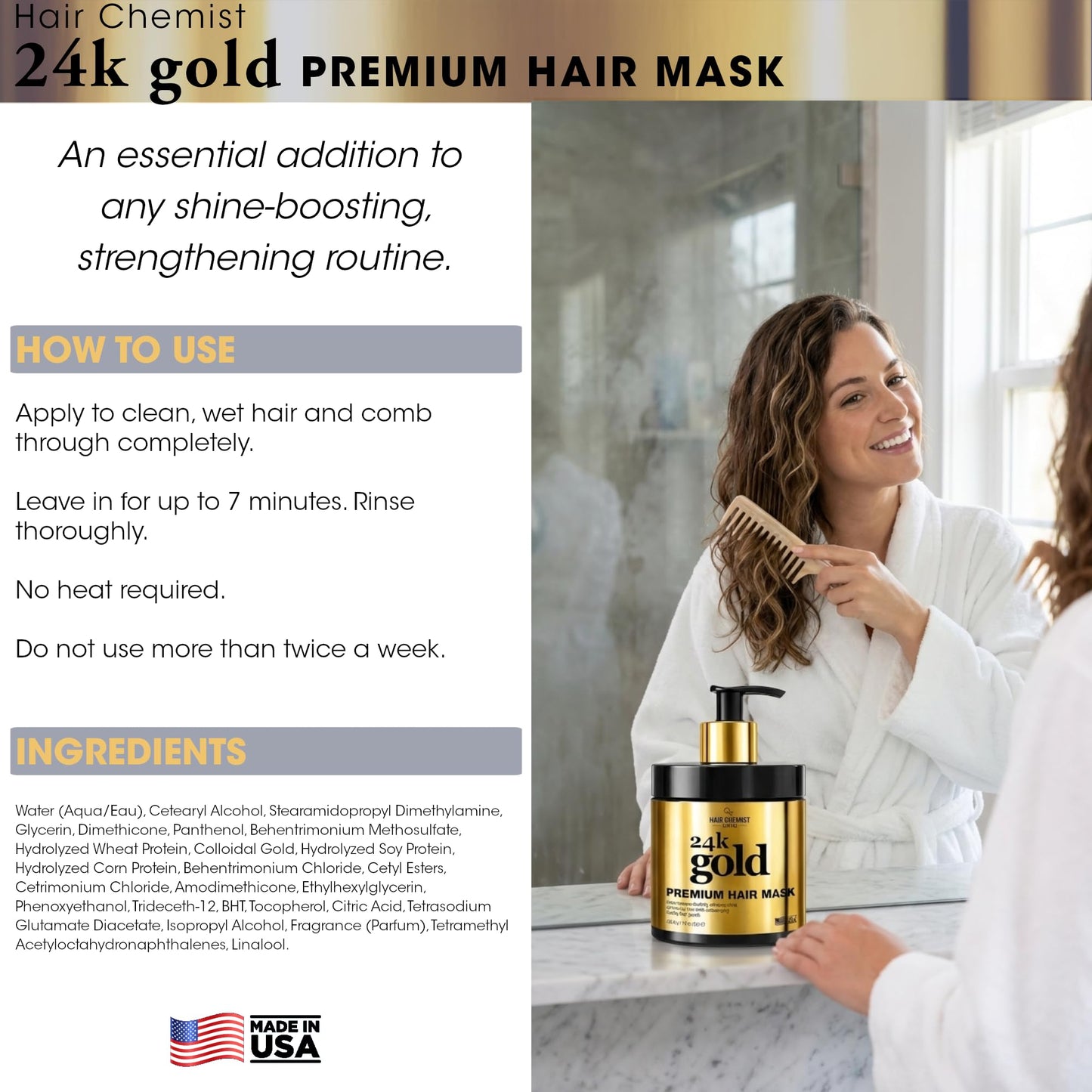 Hair Chemist 24k Gold Premium Hair Mask 15 oz. - Shine Enhancing, Frizz Reducting and Elasticity Improving Deep Treatment Hair Mask