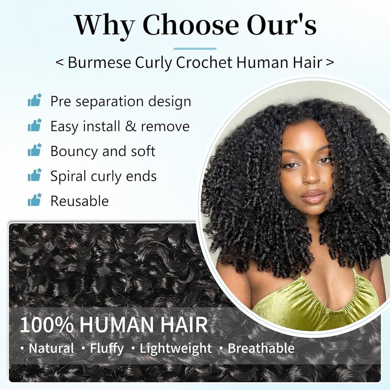 Human Crochet Hair for Black Women - 20 Inch Burmese Curly Extensions | 240g Pre-Separated, Natural Black