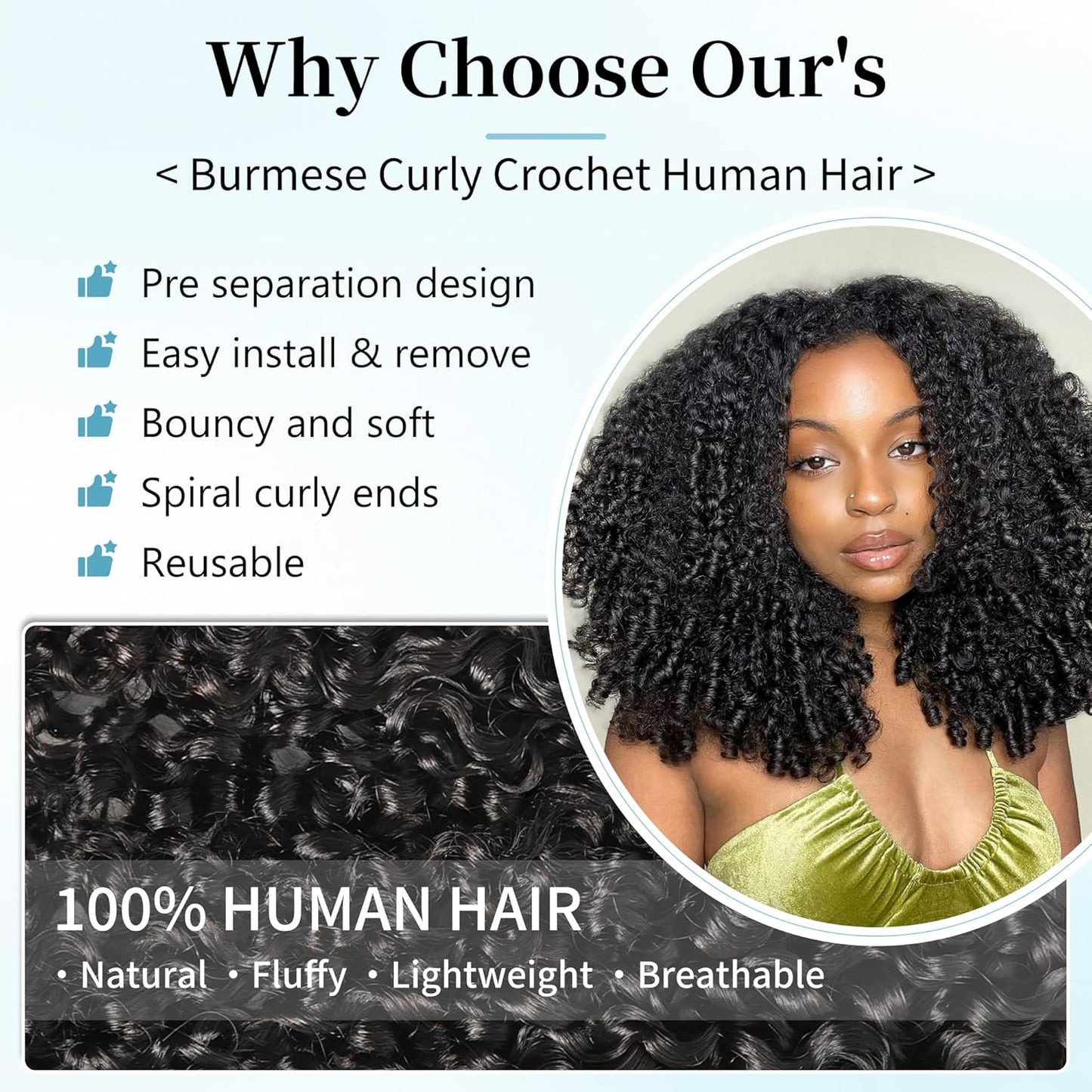 Human Crochet Hair for Black Women - 18 Inch Burmese Curly Bundles | Pre-Separated, Natural Black, 240g