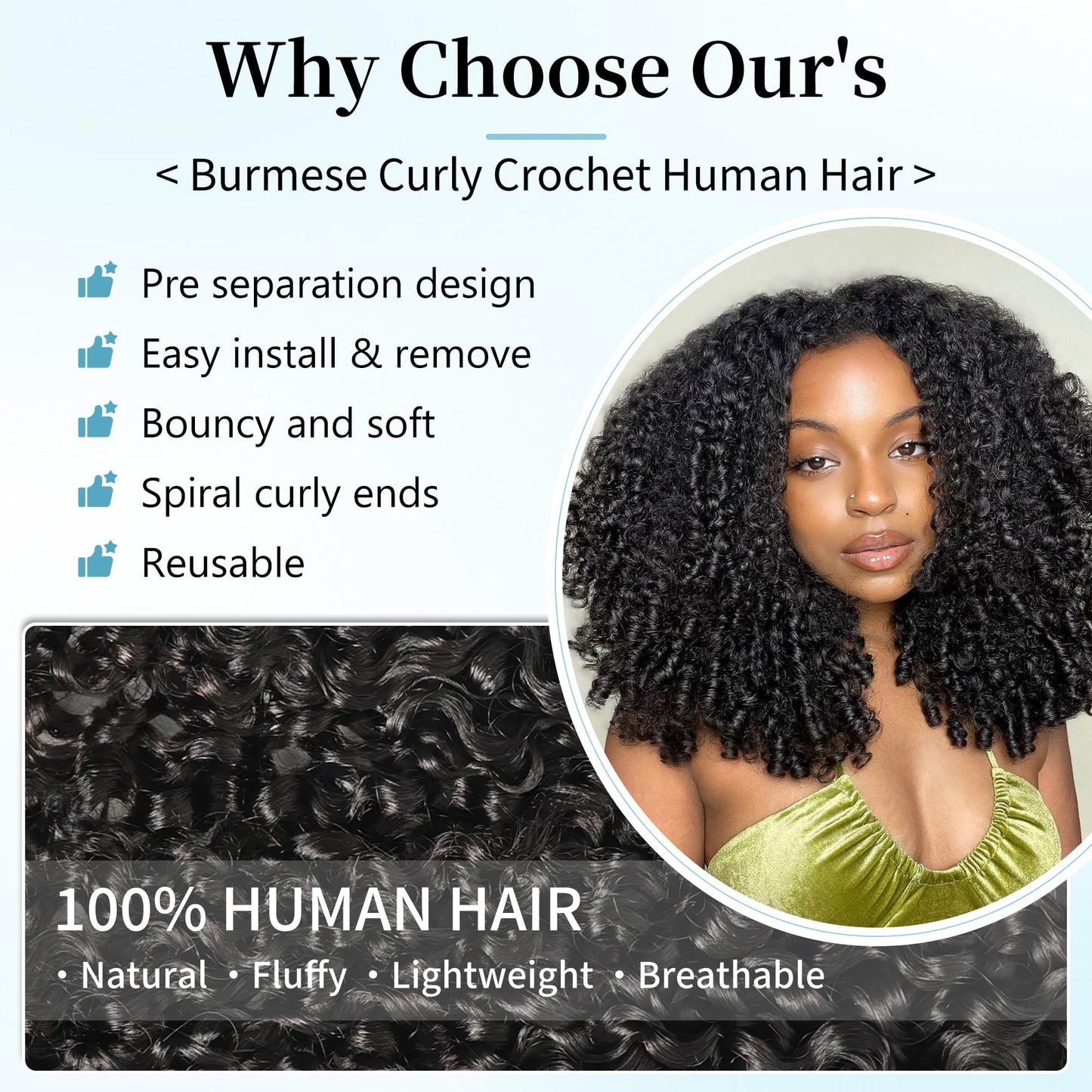 KULYMUWIG Burmese Curly Crochet Human Hair 20 Inch 120g Pre-Separated Feather Human Crochet Hair Bundles Miracle Knots Crochet Hair for Black Women Natural Black