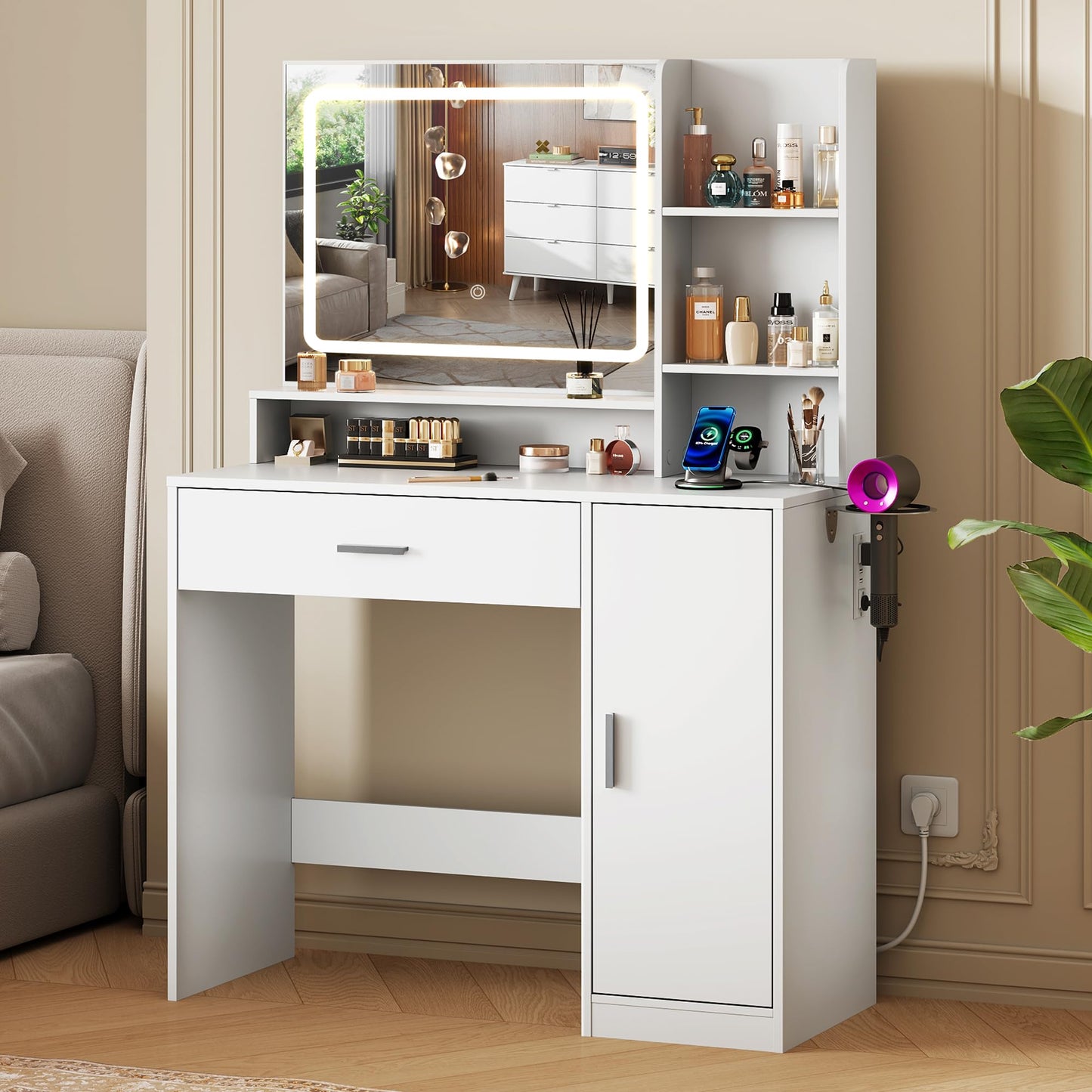 WLIVE Small White Vanity Desk with Mirror and Lights, Compact Girls Vanity