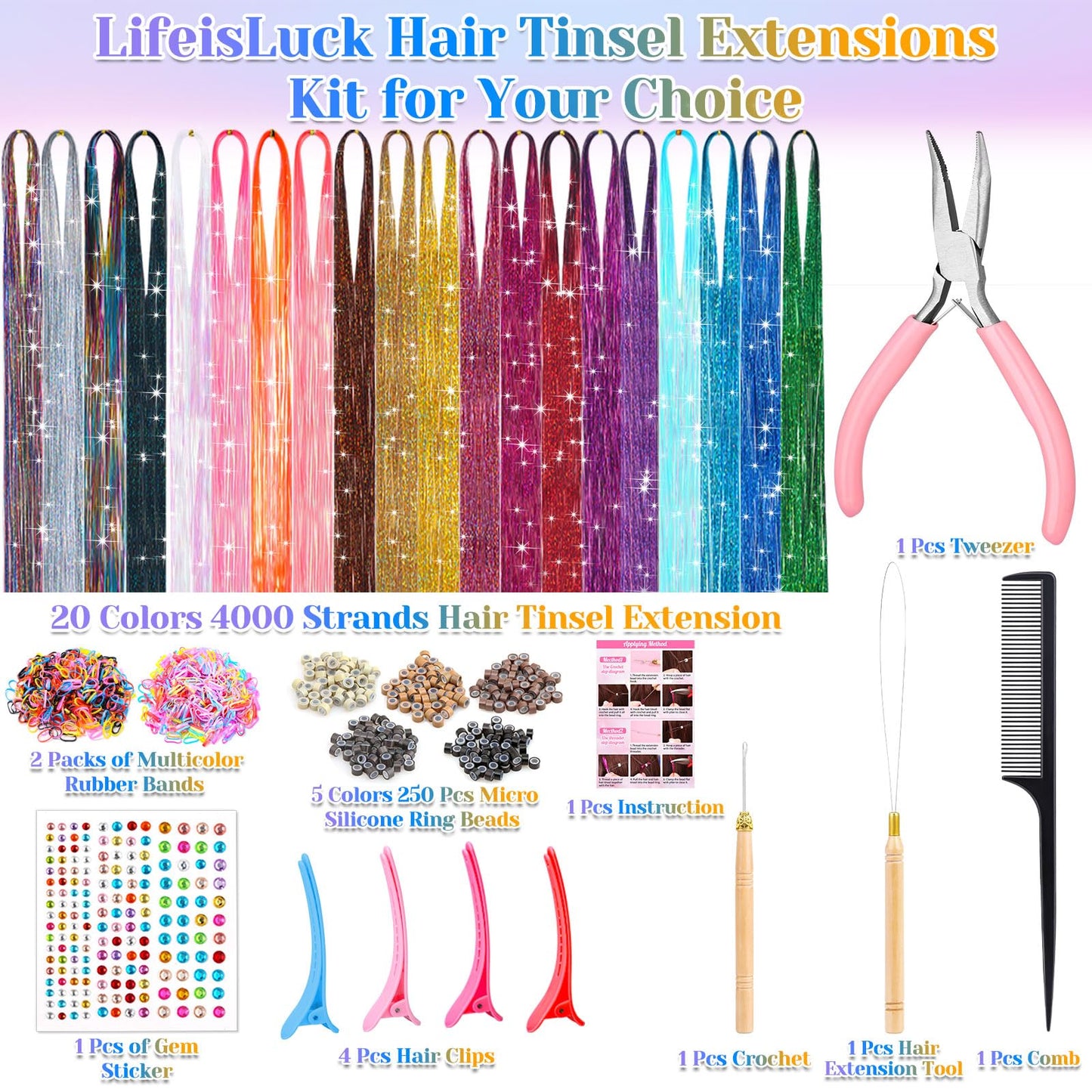 20 Colors Fairy Hair Tinsel Kit 4000 Glitter Strands 48Inch Heat Resistant Tinsel Hair Extensions Sparkling Shiny Highlights Hairs Tinsels with Tools for Christmas Halloween New Year Cosplay Party