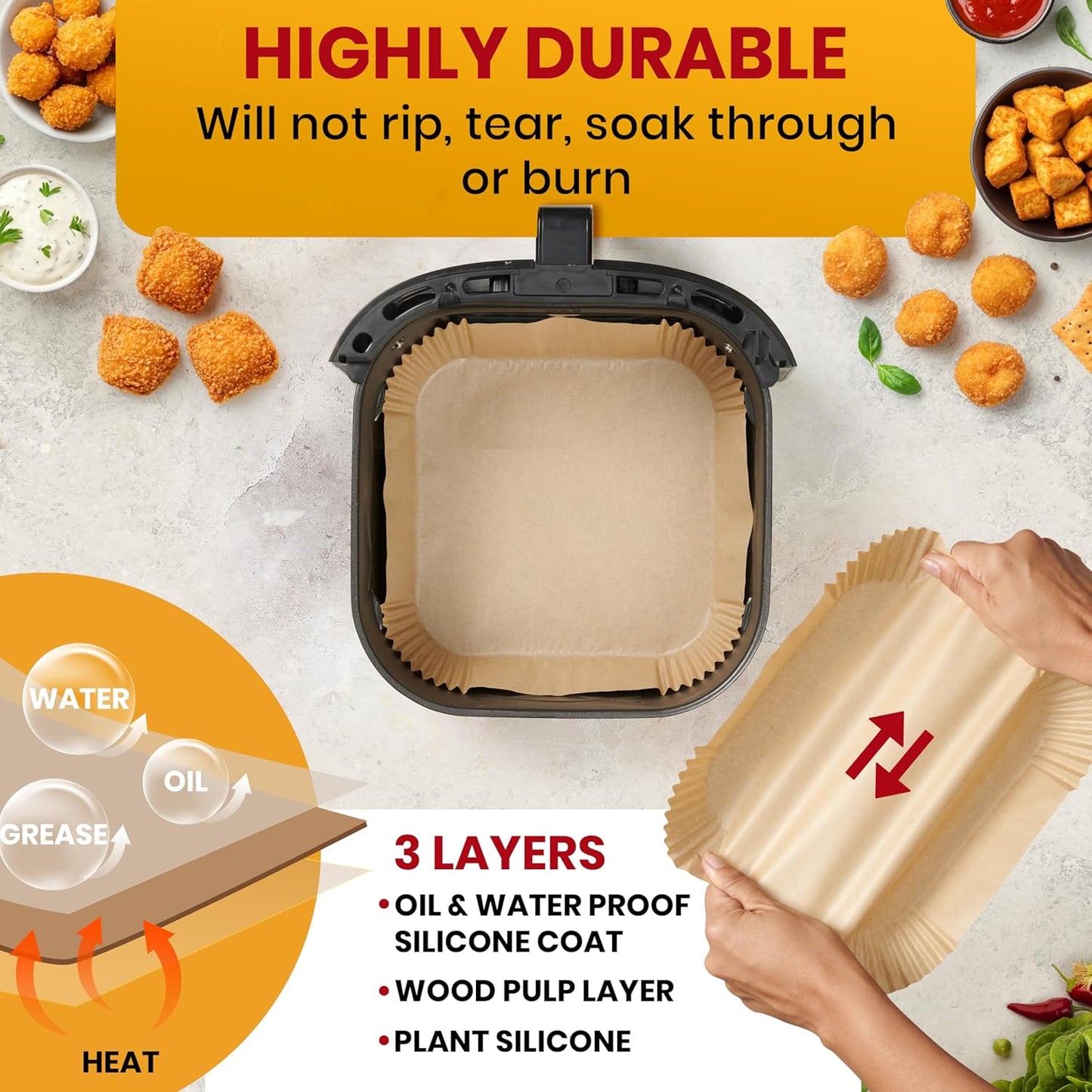 Air Fryer Paper Liners - 125 Pcs Non-Stick Disposable Liners | 8” Square for 5-8 Qt Baskets