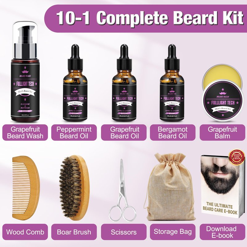 Boyfriend Birthday Gifts,Beard Care Kit Includes 3 Scented Beard Oil,Grapefruit Beard Shampoo & Balm, Brush, Comb,Scissors,Cool Men Stuff Christmas Stocking Stuffers Gifts for Men Him Dad Husband