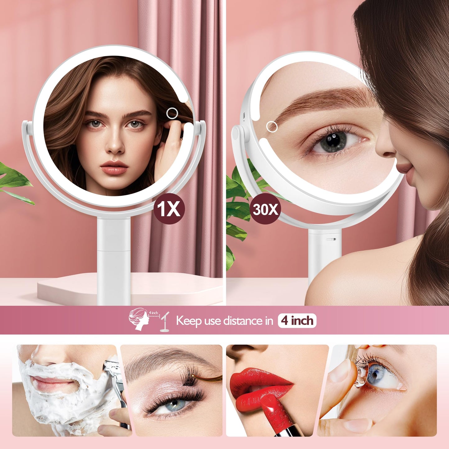 MOMOKUBA Makeup Mirror with Lights, 30X Magnifying & Height Adjustable, Lighted Magnifying Mirror with 3 Light Modes and Stepless Dimming, Vanity Mirrors for Bathroom, Birthday Gift for Women, White