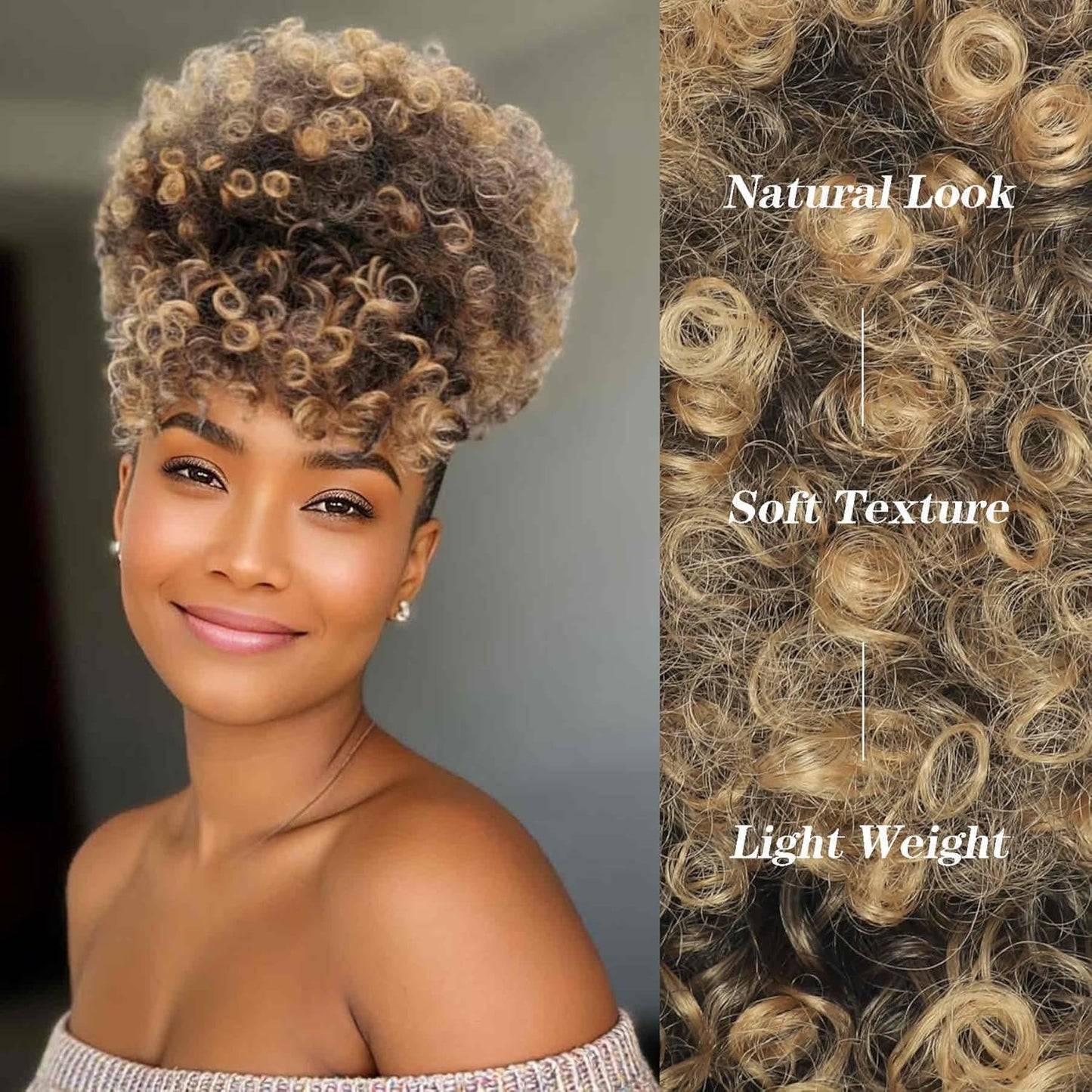 Ponytail Extensions with Bangs - Afro Puff Kinky Curly Hairpiece for Women | Short Natural Updo (1BT27)