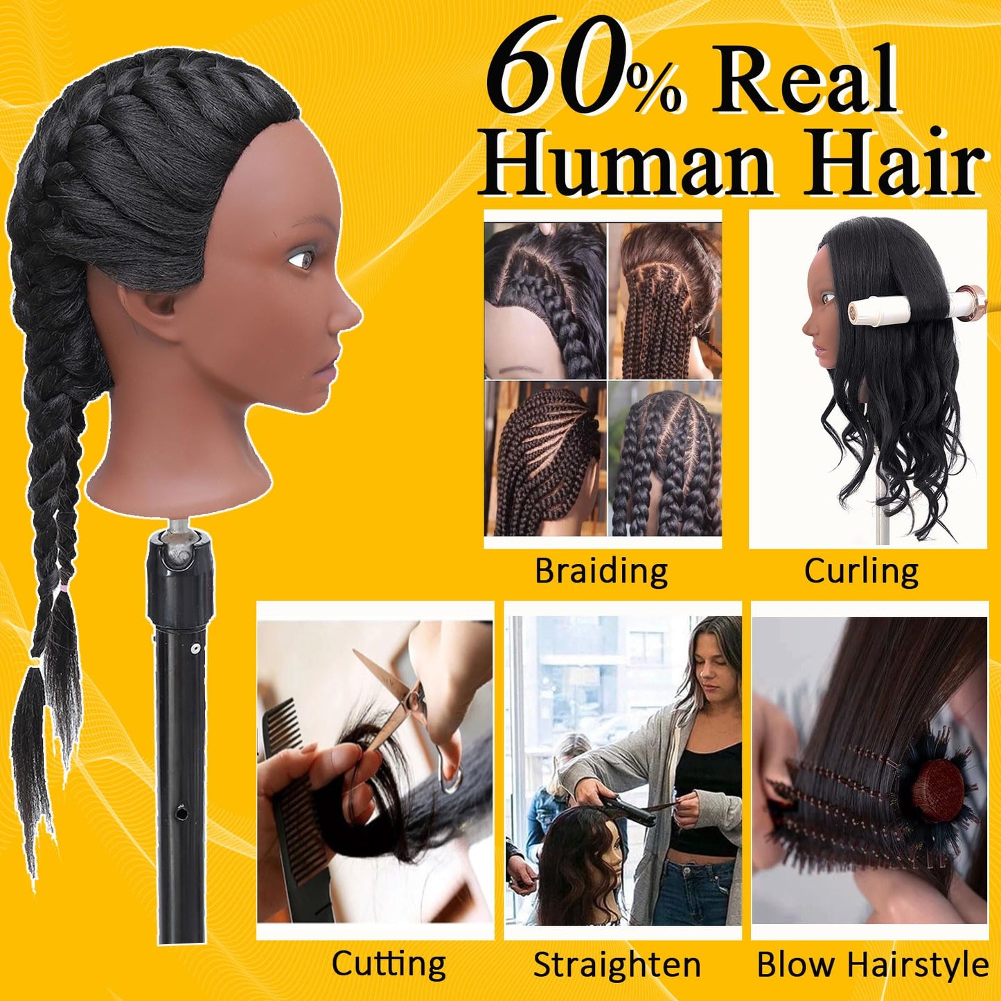 Mannequin Head Human Hair for Cosmetology, Manikin Head with 80% Real Hair for Styling Doll Head Braiding Practice Black Mannequin Heads Hairdresser Hairstylist Girls with Free Clamp Holder