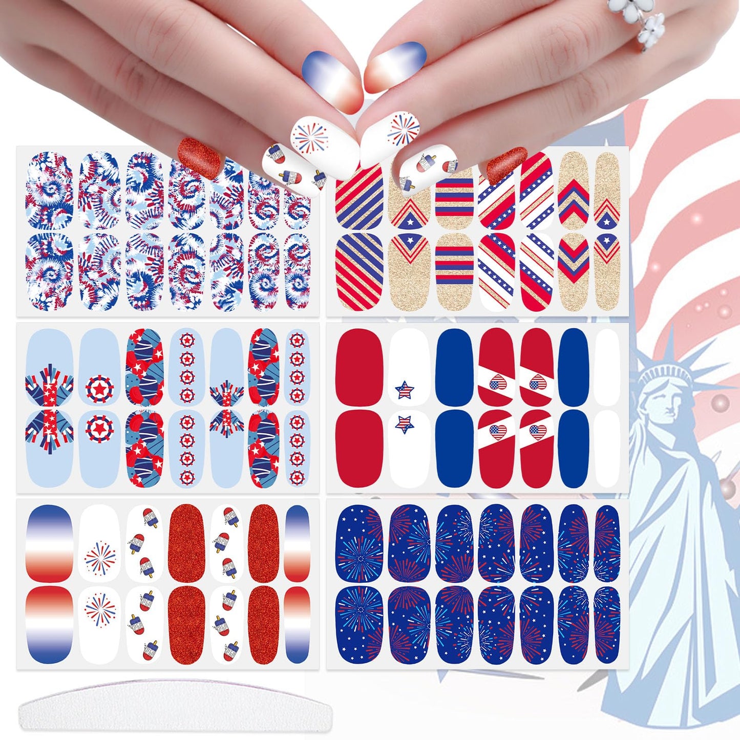 JERCLITY 6 Sheets Independence Day Nail Wraps for Women Self-Adhesive 4th of July Nail Polish Strips Patriotic Nail Strips for Memorial Day（4th of July-B）