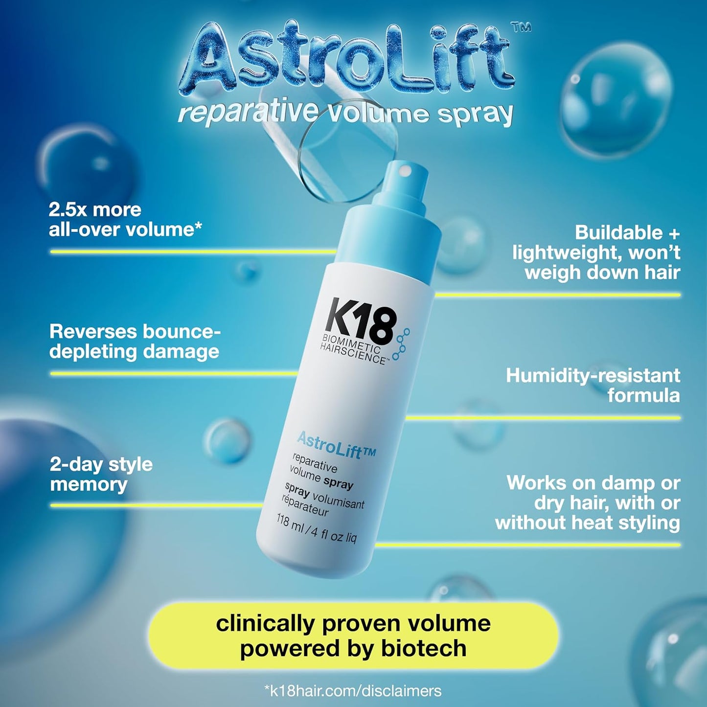 K18 AstroLift™ Volume Spray - 2-Day Hair Thickening & Hold for Fine, Fragile Hair | Non-Sticky, Humidity-Resistant Formula