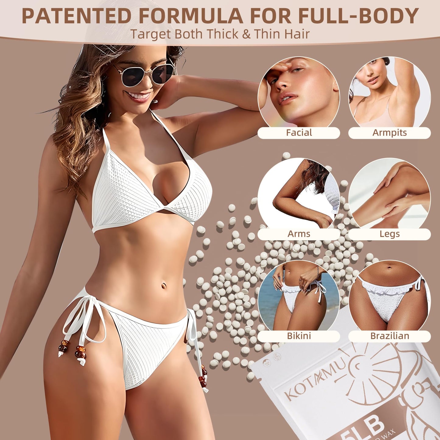 KOTAMU Hard Wax Beads, 2.5lb Waxing Beads for Full Body Bikini Brazilian Facial Leg Sensitive Skin Hair Removal, Unscented Wax Beans Target All Hair Types, Ideal for Women Men at Home & Salon Waxing