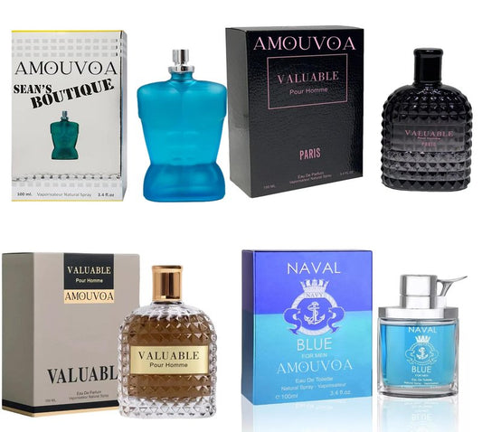 AMOUVOA 4-Piece Cologne for Men Includes Valuable Paris/Valuable Gold/Seans Boutique/Naval Blue of Woody, Spicy, Citrus & Aromatic eau de parfum for Men