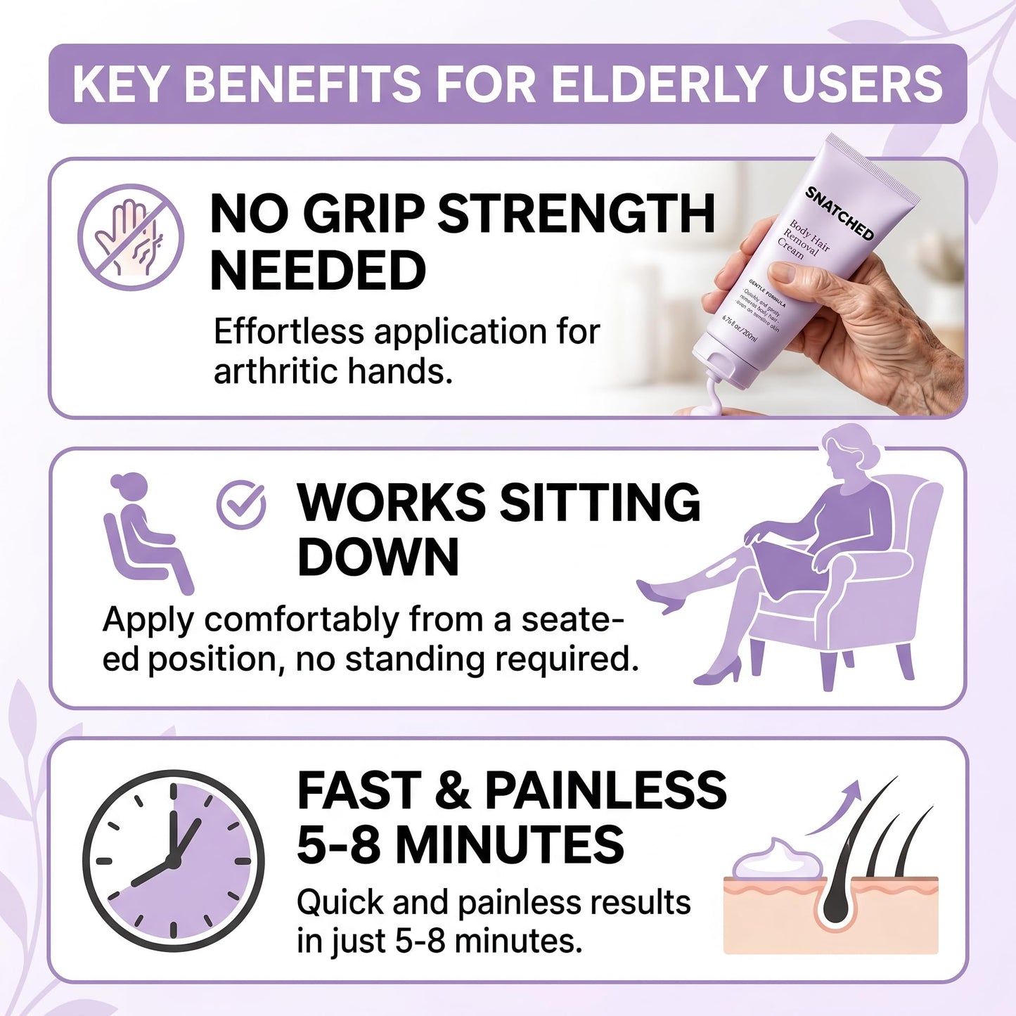 Snatched Hair Removal Cream for Woman Aged 65+, Plant-Based Hair Removal Cream for Women & Men, Fast-Acting Depilatory Cream for Legs, Arms, Underarms & Bikini Area, Smooth Skin Care (1)