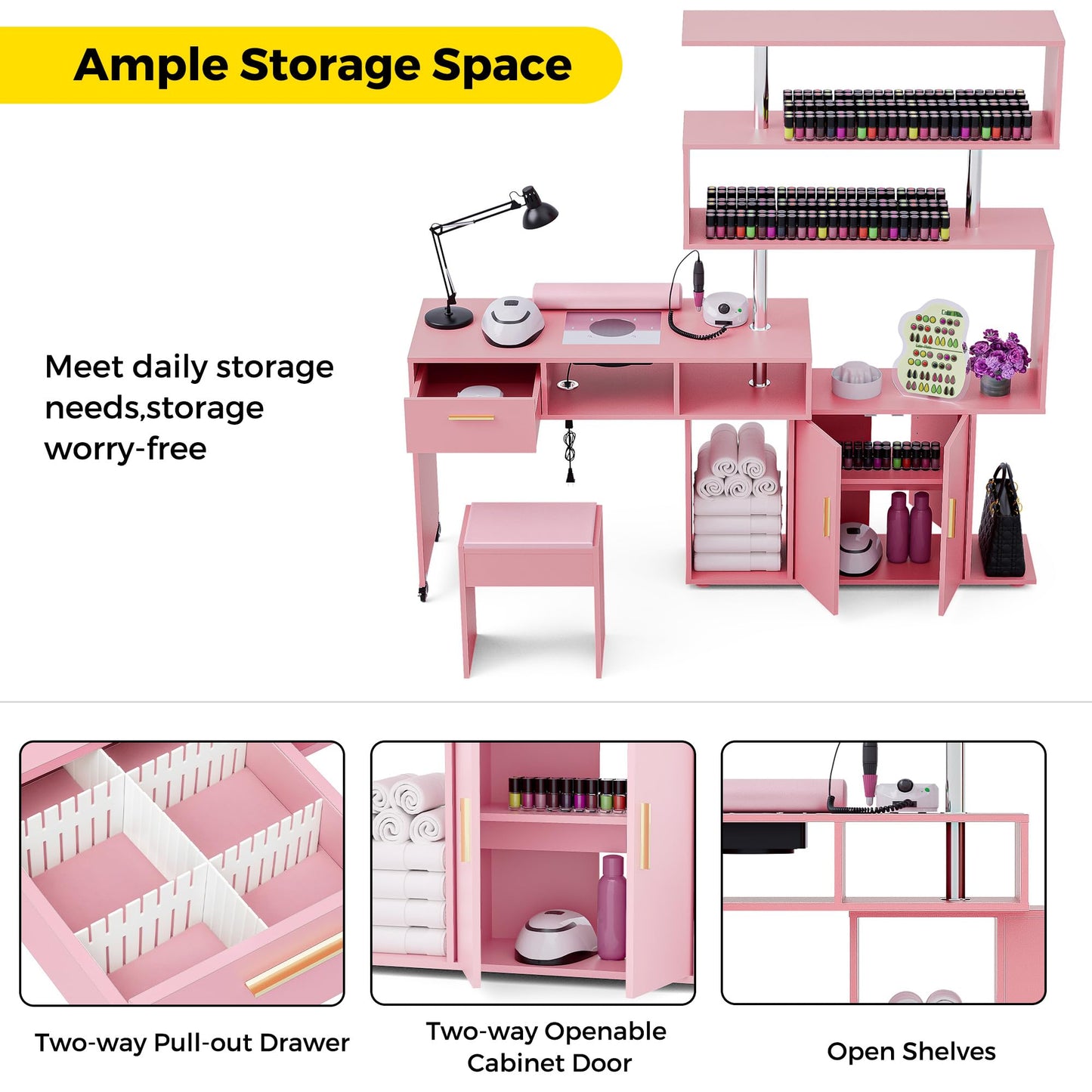 Kikihouse Manicure Table Nail Desk with Stool, L-Shaped Nail Tech Desk with Dust Collector, Two-Way Drawer, Cabinet & Storage Shelves, Rotating Reversible Manicure Workstation on Wheels (Pink)