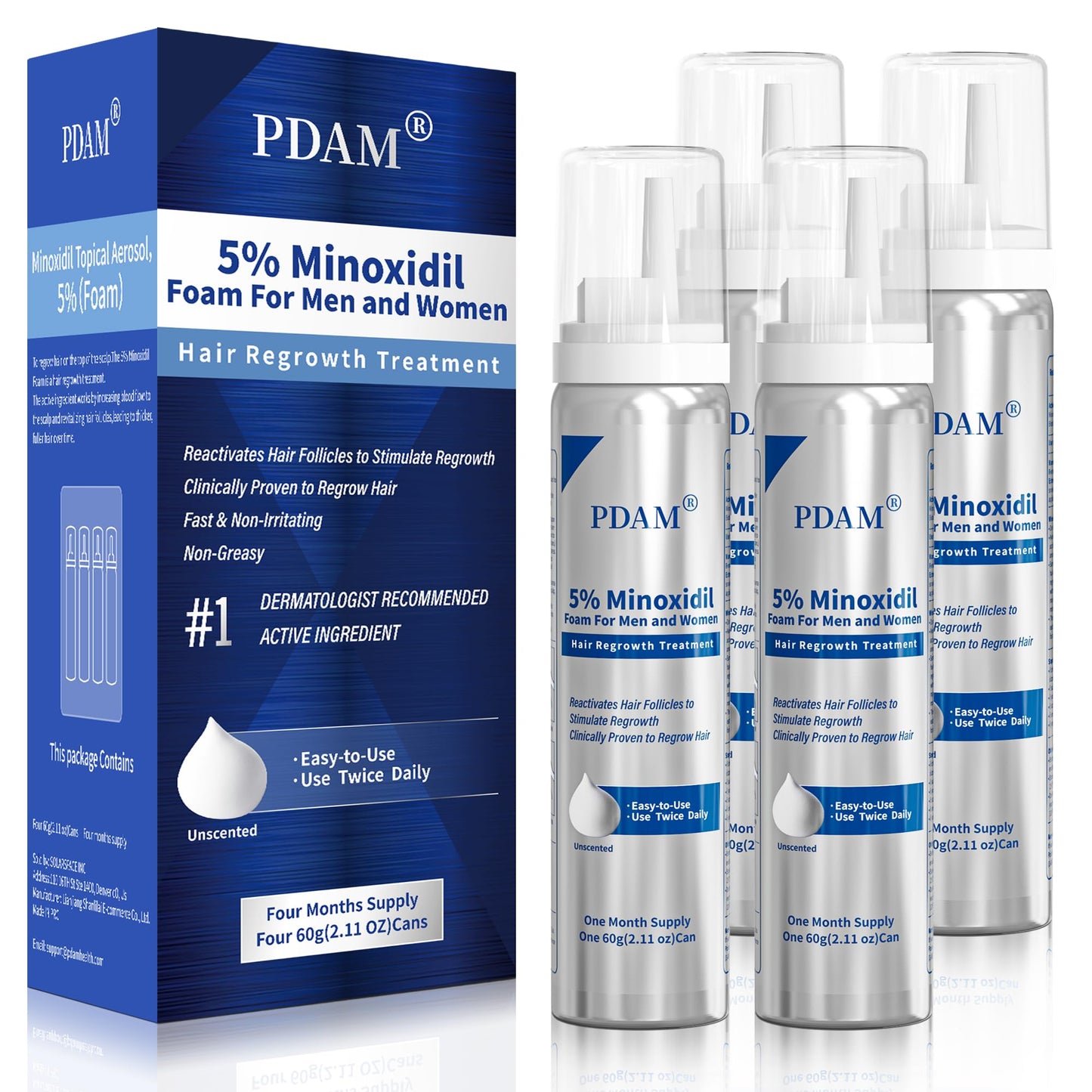 PDAM 5% Minoxidil for Men and Women Foam – Clinically Proven Regrowth for Thinning Hair, Topical Hair Loss Treatment, Extra Strength Foam for Thicker, Fuller Hair, 4-Month Supply (4 x 2.11 oz)