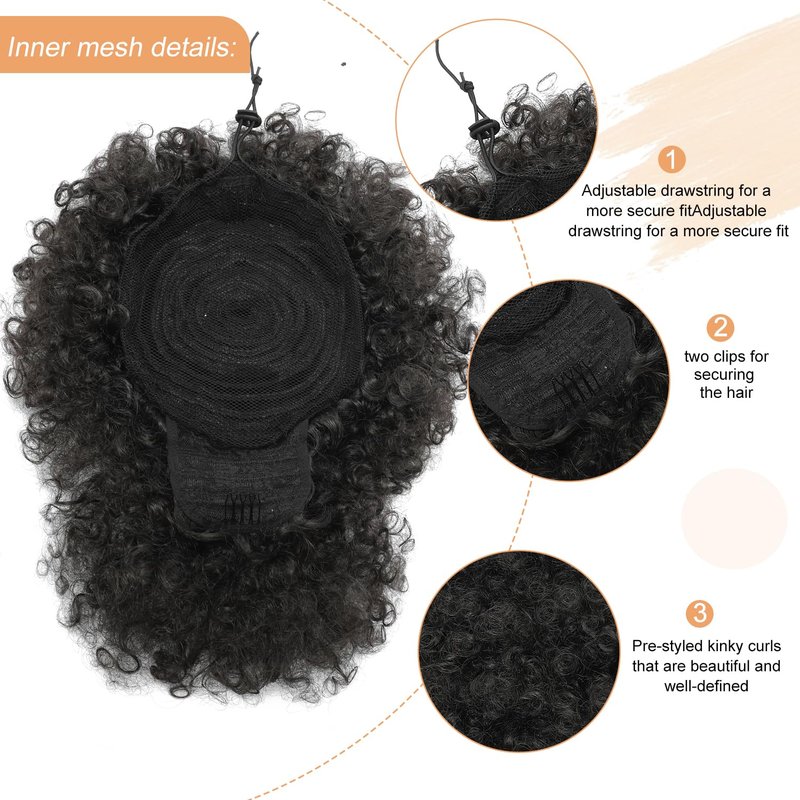 Afro Puff Drawstring Ponytail - Short Kinky Curly Hair Extensions for Black Women | Natural Black, Fluffy Updo 2#