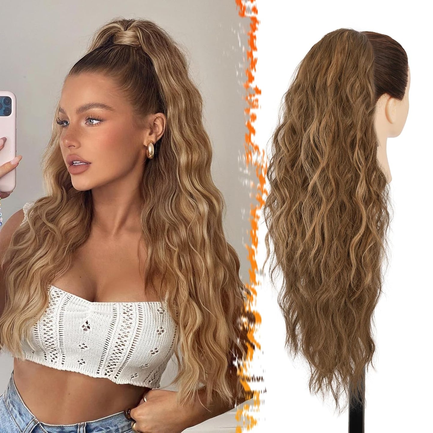 Brown Wavy Curly Ponytail Extension - 20 Inch Synthetic Drawstring Hairpiece for Women | Perfect for Daily and Party Use