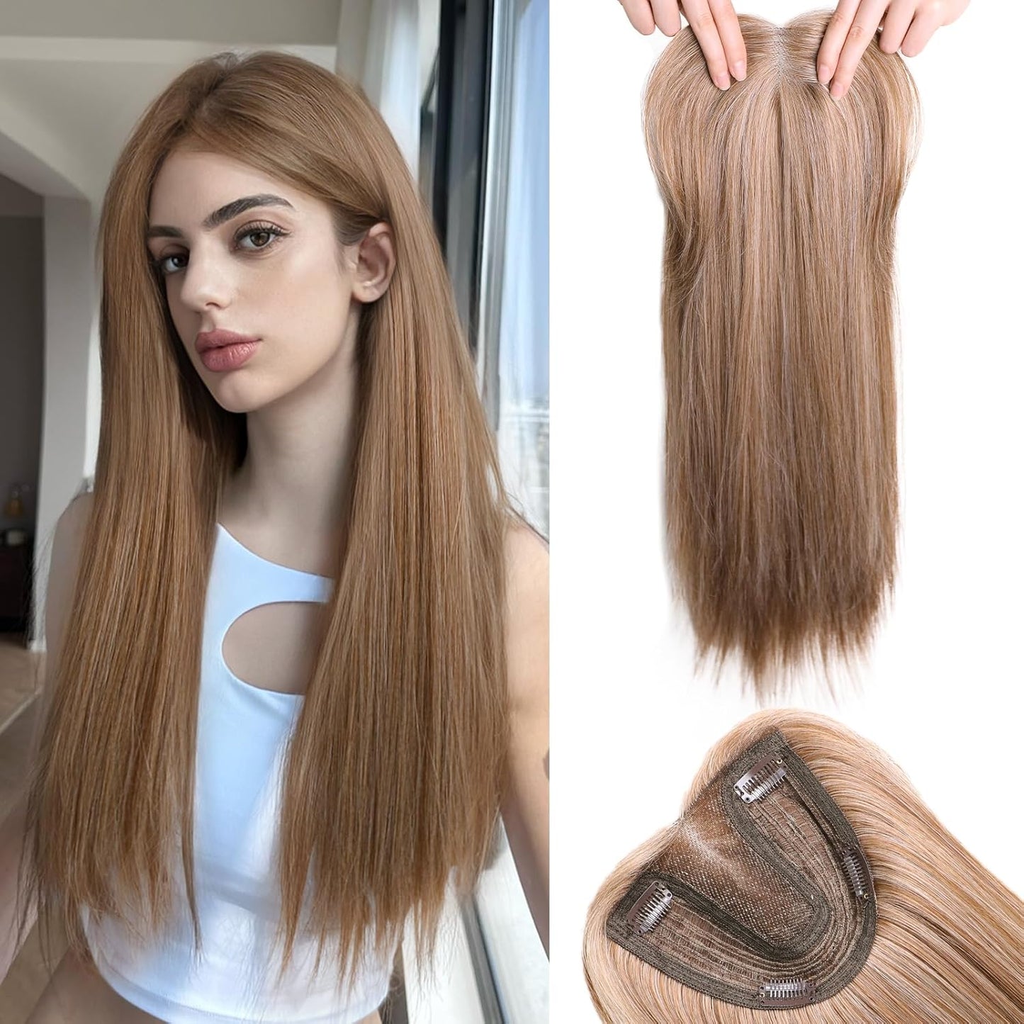Clip-In Hair Toppers for Women - 24 Inch Straight Synthetic Hairpiece | Golden Brown & Bleach Blonde Mix